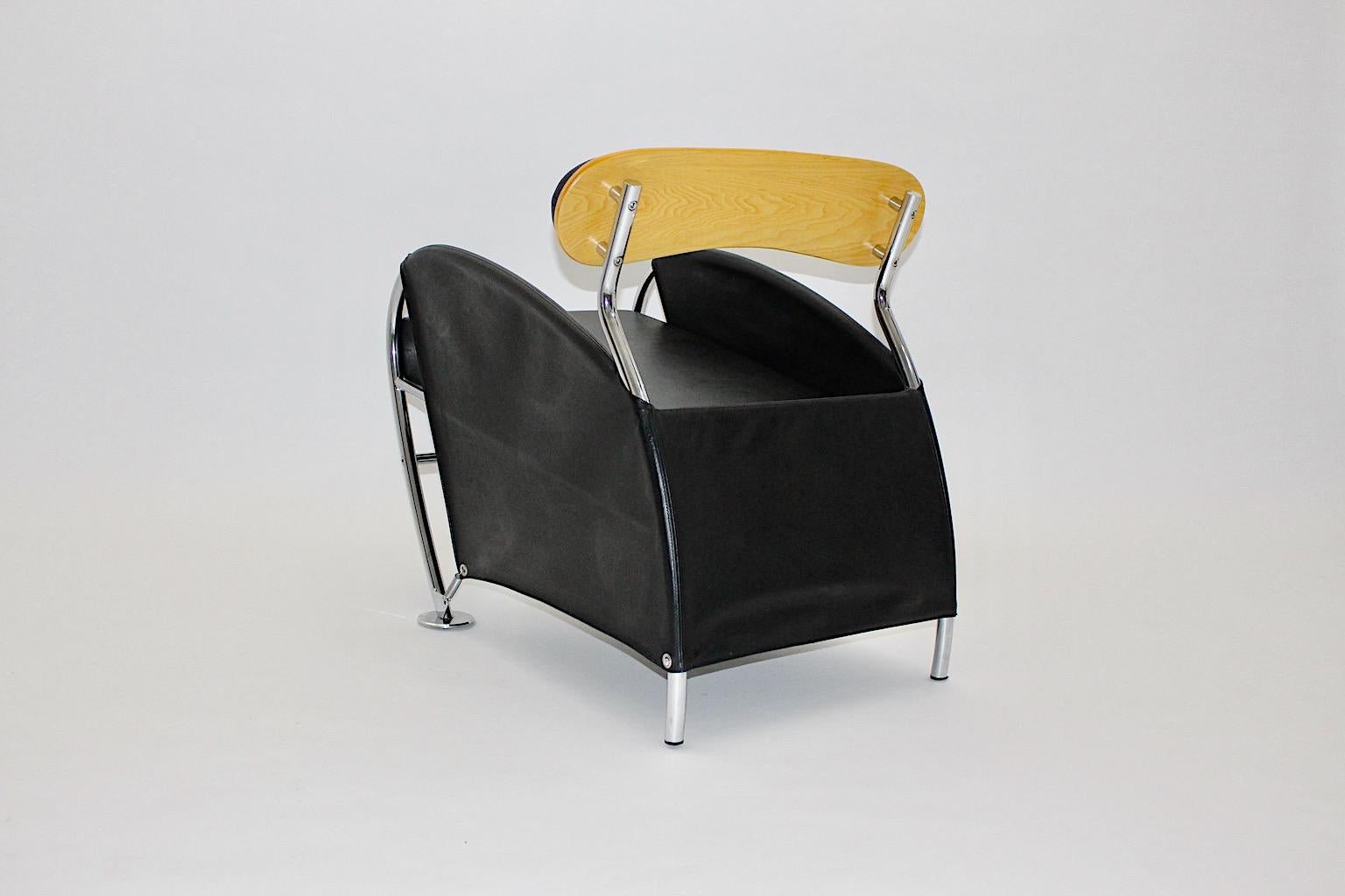 Italian Modern Memphis Style Arm Chair Black Leather Chrome Massimo Iosa Ghini For Sale 2