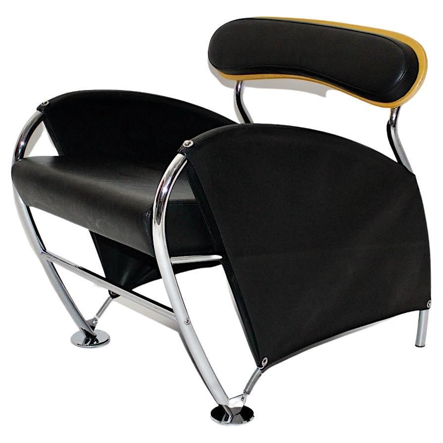Italian Modern Memphis Style Arm Chair Black Leather Chrome Massimo Iosa Ghini
