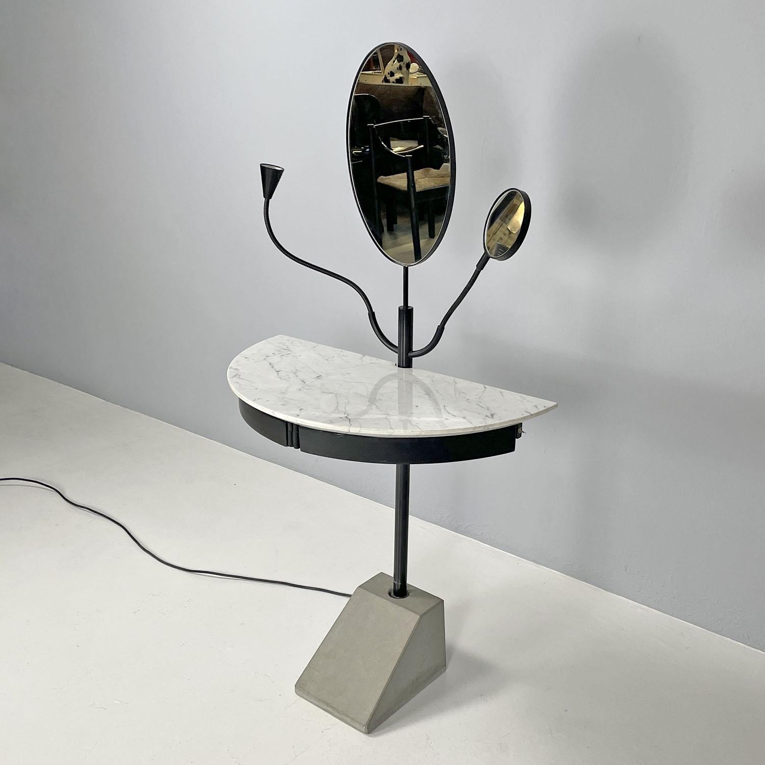 Italian modern metal and marble dressing table Carlo Forcolini for Alias, 1980s 
Console with mirror with semicircular marble top. The main structure is in black painted metal. It has a larger central oval-shaped mirror that rotates on itself, with