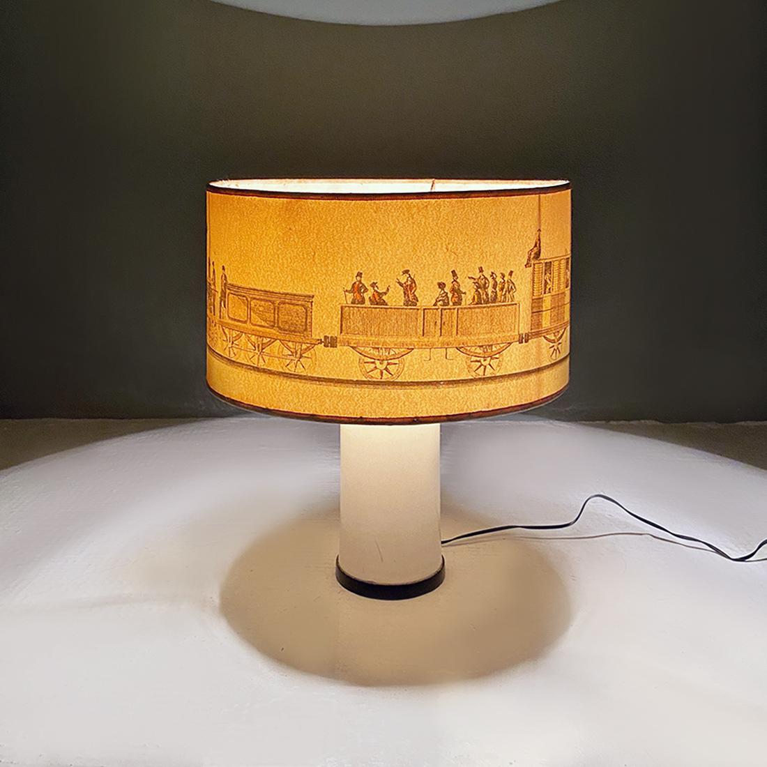 Italian modern white metal and parchment table lamp, 1970s
Table lamp with white metal base and black gasket at the base, original parchment lampshade with drawings of steam train carriages.
1970 approx.
Vintage conditions, clearly visible burn