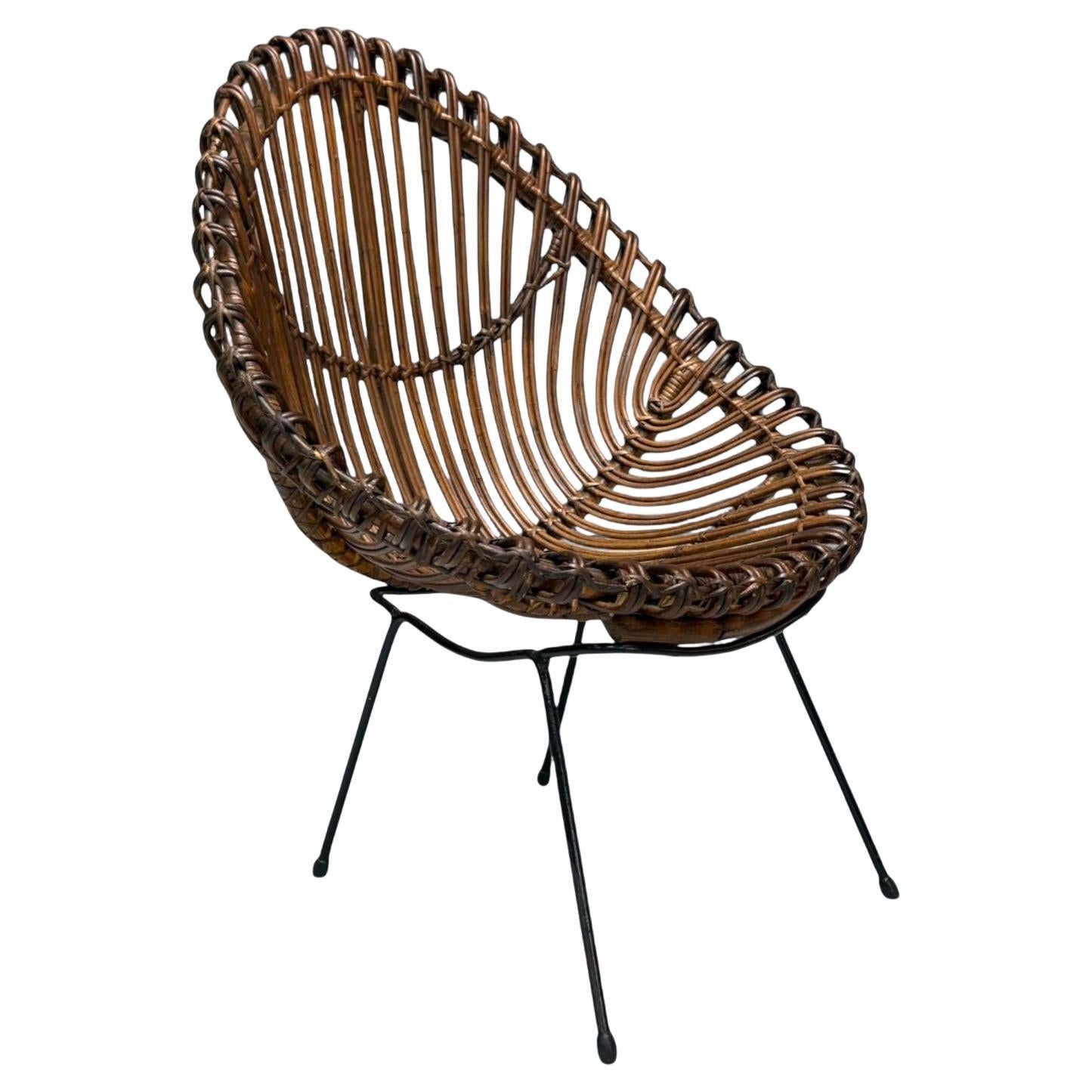 Chaise longue moderne italienne en métal, bambou et rotin, Italie, années 1950 en vente