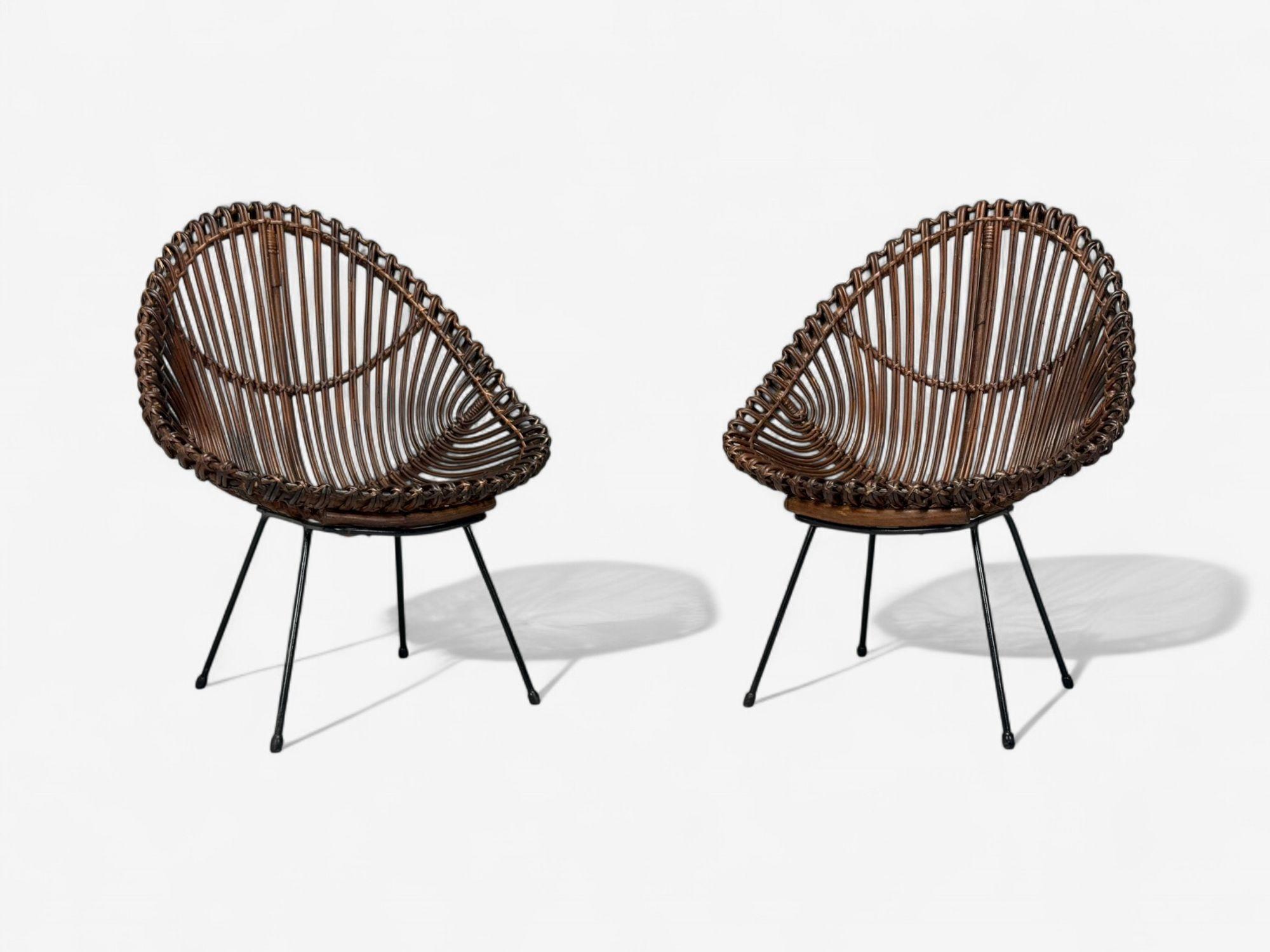Italienische Moderne, Metall, Bambus, Rattan, Lounge-Stühle, Italien, 1950er Jahre

Ein Paar Lounge-Sessel aus Metall, Bambus und Rattan, ähnlich einem Werk von Bonacina, entworfen und hergestellt in Italien um 1950. Ein drittes Exemplar ist separat