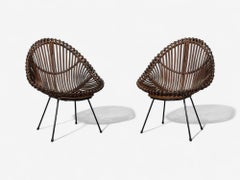 Italian Modern, Metal, Bamboo, Rattan, Lounge Chairs, Italy, 1950s