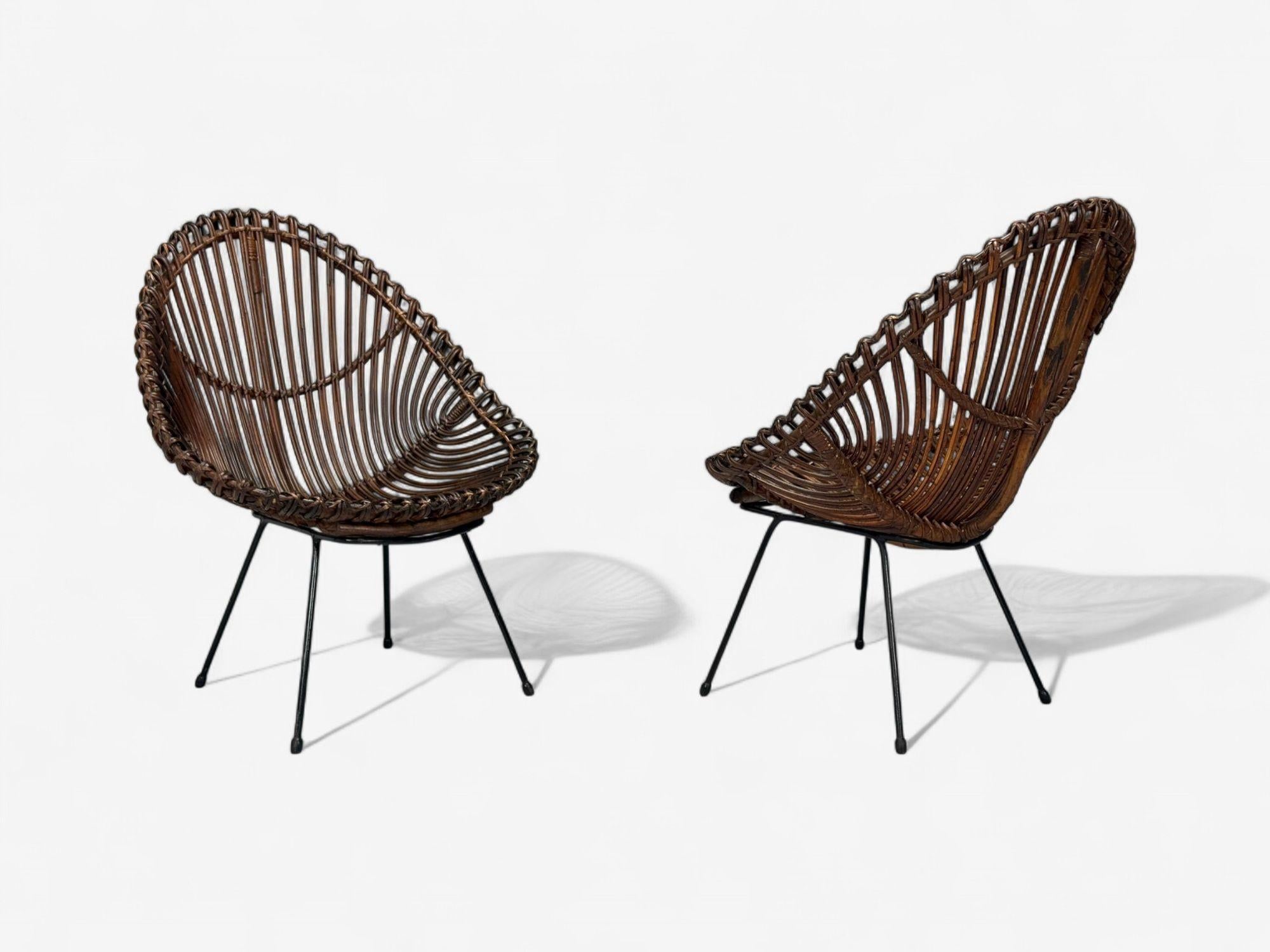 Italienische Moderne, Metall, Bambus, Rattan, Lounge-Stühle, Italien, 1950er Jahre (Moderne der Mitte des Jahrhunderts) im Angebot