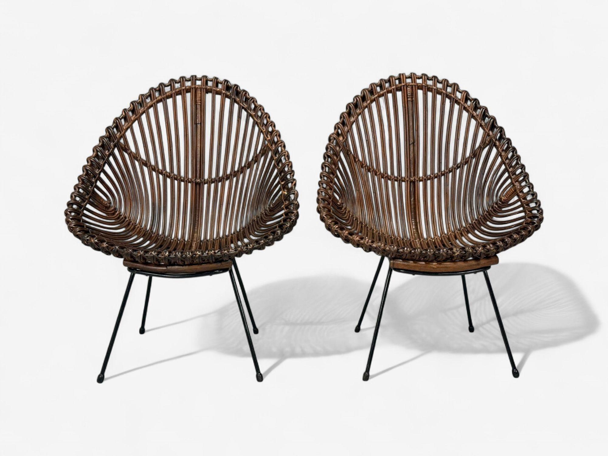 Italienische Moderne, Metall, Bambus, Rattan, Lounge-Stühle, Italien, 1950er Jahre (Mitte des 20. Jahrhunderts) im Angebot