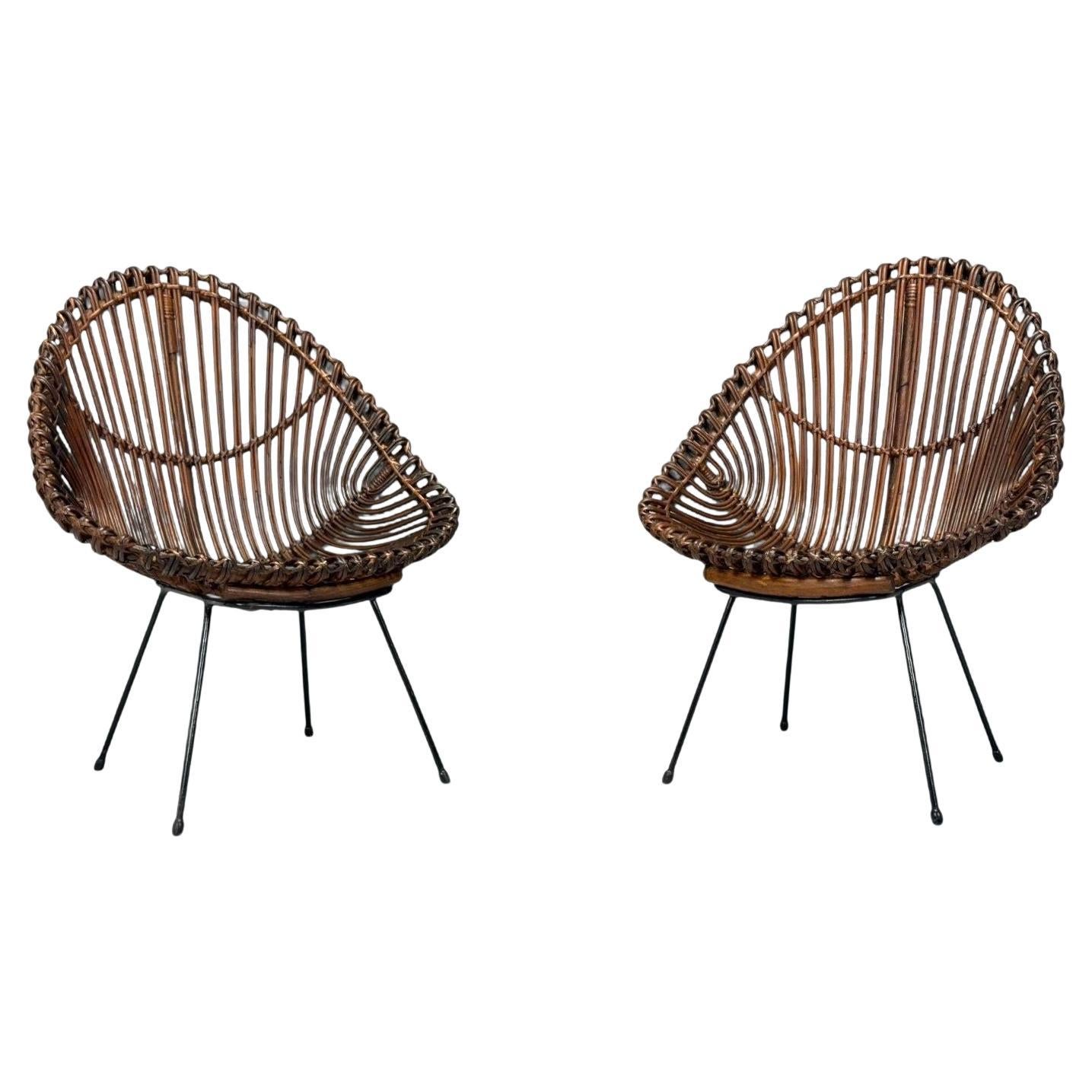 Italian Modern, Metal, Bamboo, Rattan, Lounge Chairs, Italy, 1950s
