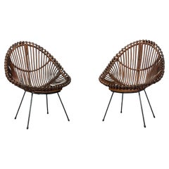 Italian Modern, Metal, Bamboo, Rattan, Lounge Chairs, Italy, 1950s