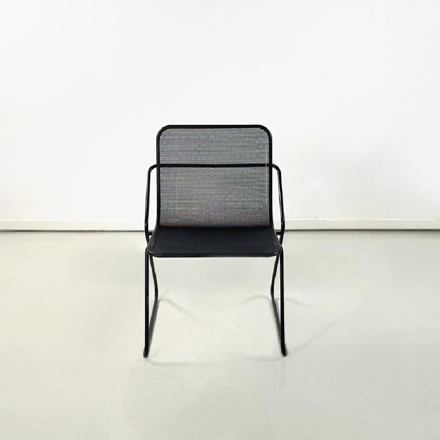 Italian modern metal rod and perforated metal sheet black metal chair, 1980s
Chair with a rectangular base in black painted metal rod. The structure is made up of a single metal rod that makes up the triangular shaped legs and the backrest