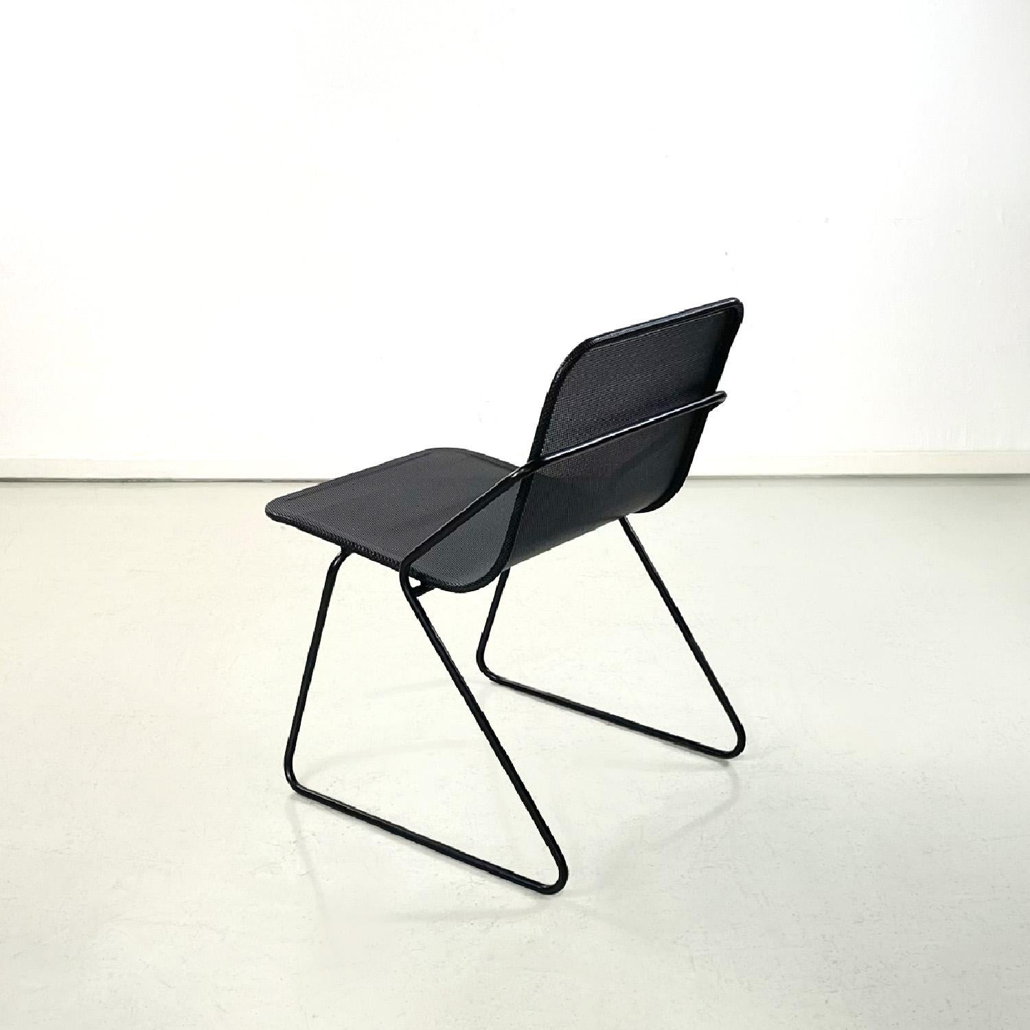 Late 20th Century Italian modern metal rod and perforated metal sheet black metal chairs, 1980s For Sale
