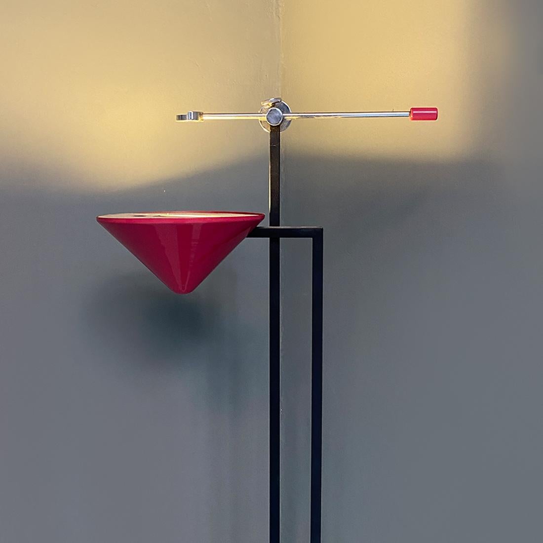 Post-Modern Italian Modern Metal Structure and Magenta Conical Diffuser Floor Lamp, 1980s For Sale