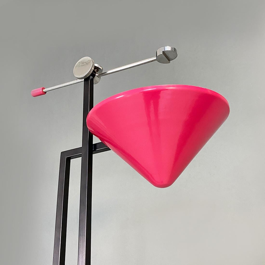 Italian Modern Metal Structure and Magenta Conical Diffuser Floor Lamp, 1980s For Sale 1