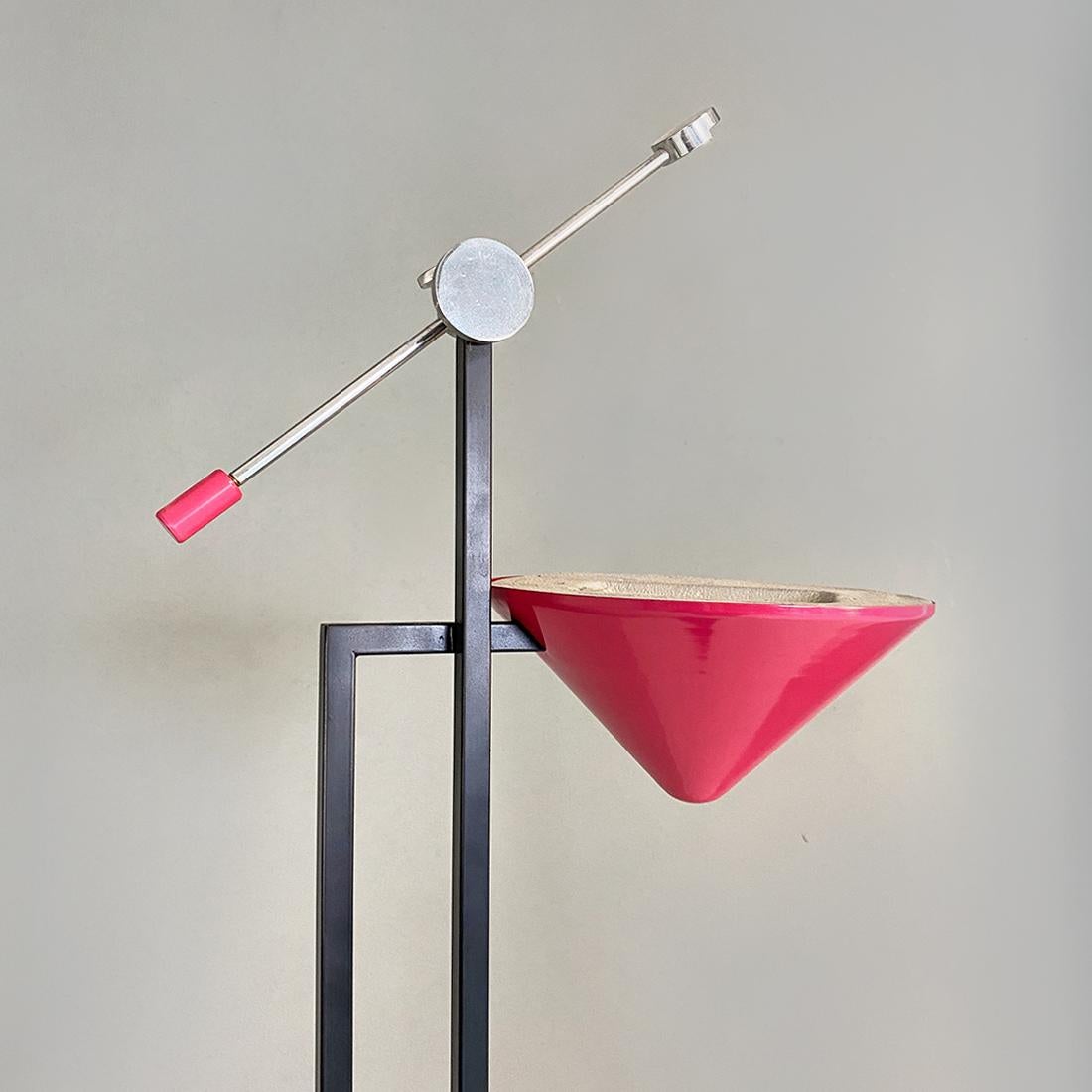 Italian Modern Metal Structure and Magenta Conical Diffuser Floor Lamp, 1980s For Sale 2