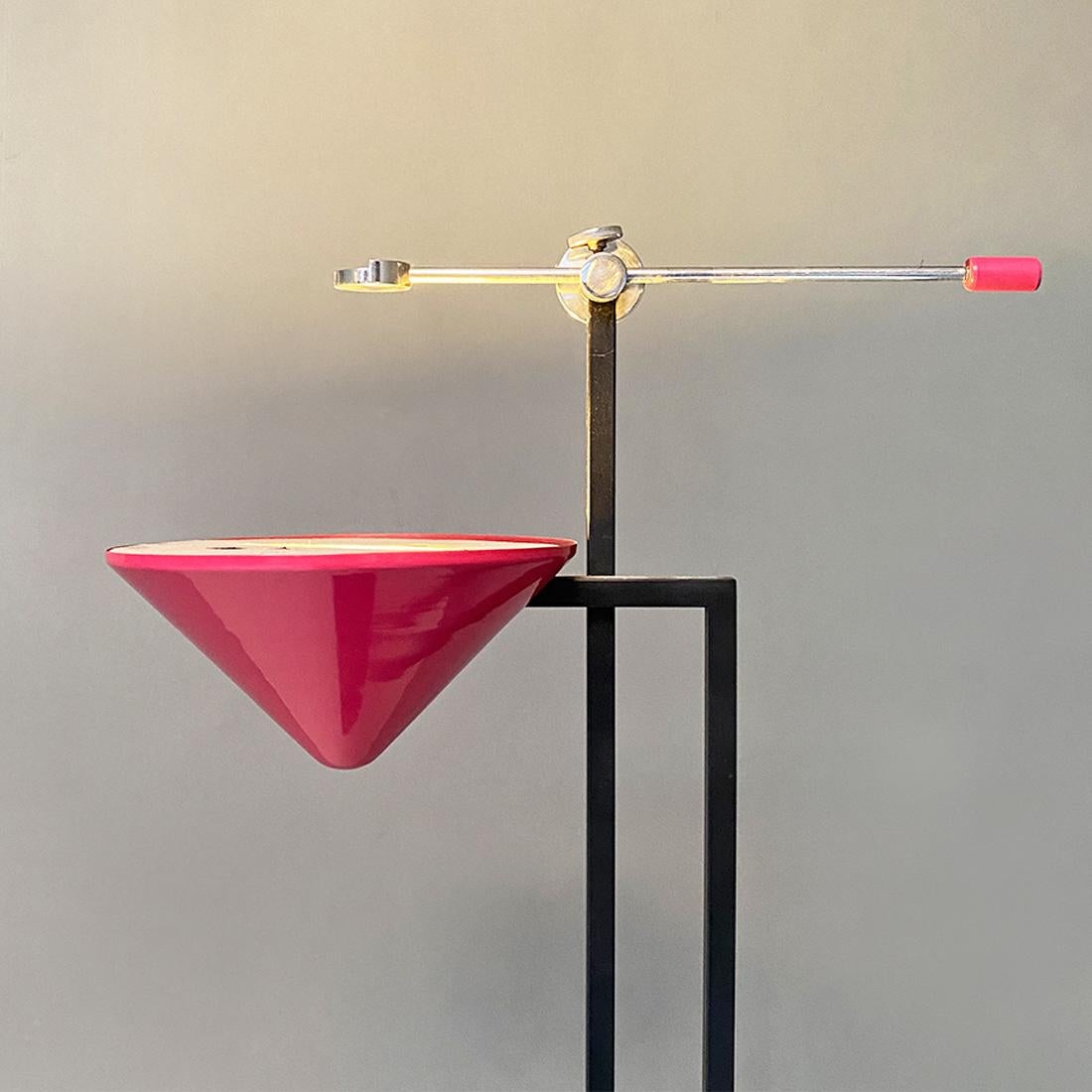 Italian Modern Metal Structure and Magenta Conical Diffuser Floor Lamp, 1980s For Sale 4