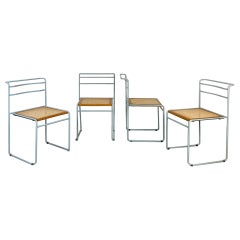 Italian Modern Metal, Vienna Straw and Wood Set of Four Stackable Chairs, 1970s