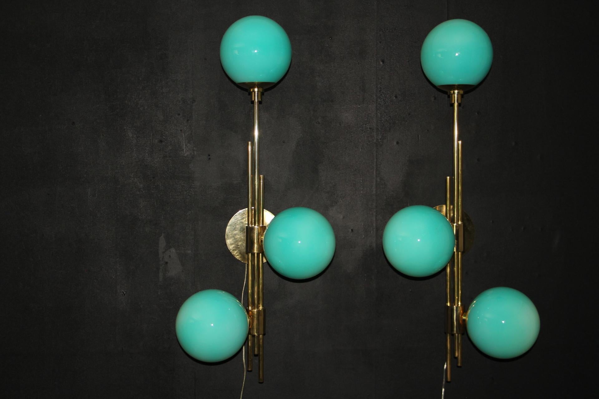 Modern Mid-Century Brass and Turquoise Tiffany Blue Glass Sconces, Wall Lights For Sale 4