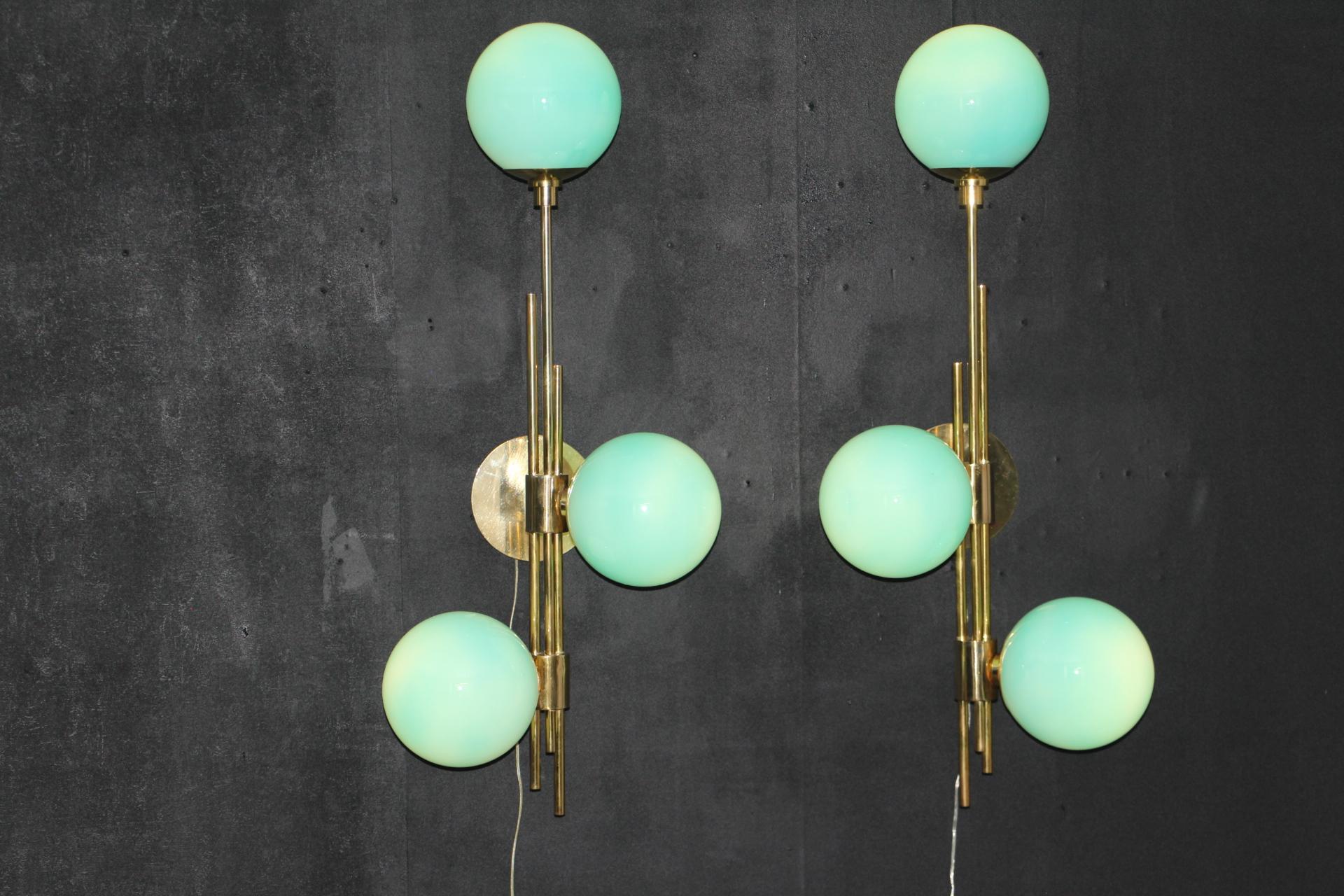 Modern Mid-Century Brass and Turquoise Tiffany Blue Glass Sconces, Wall Lights For Sale 5
