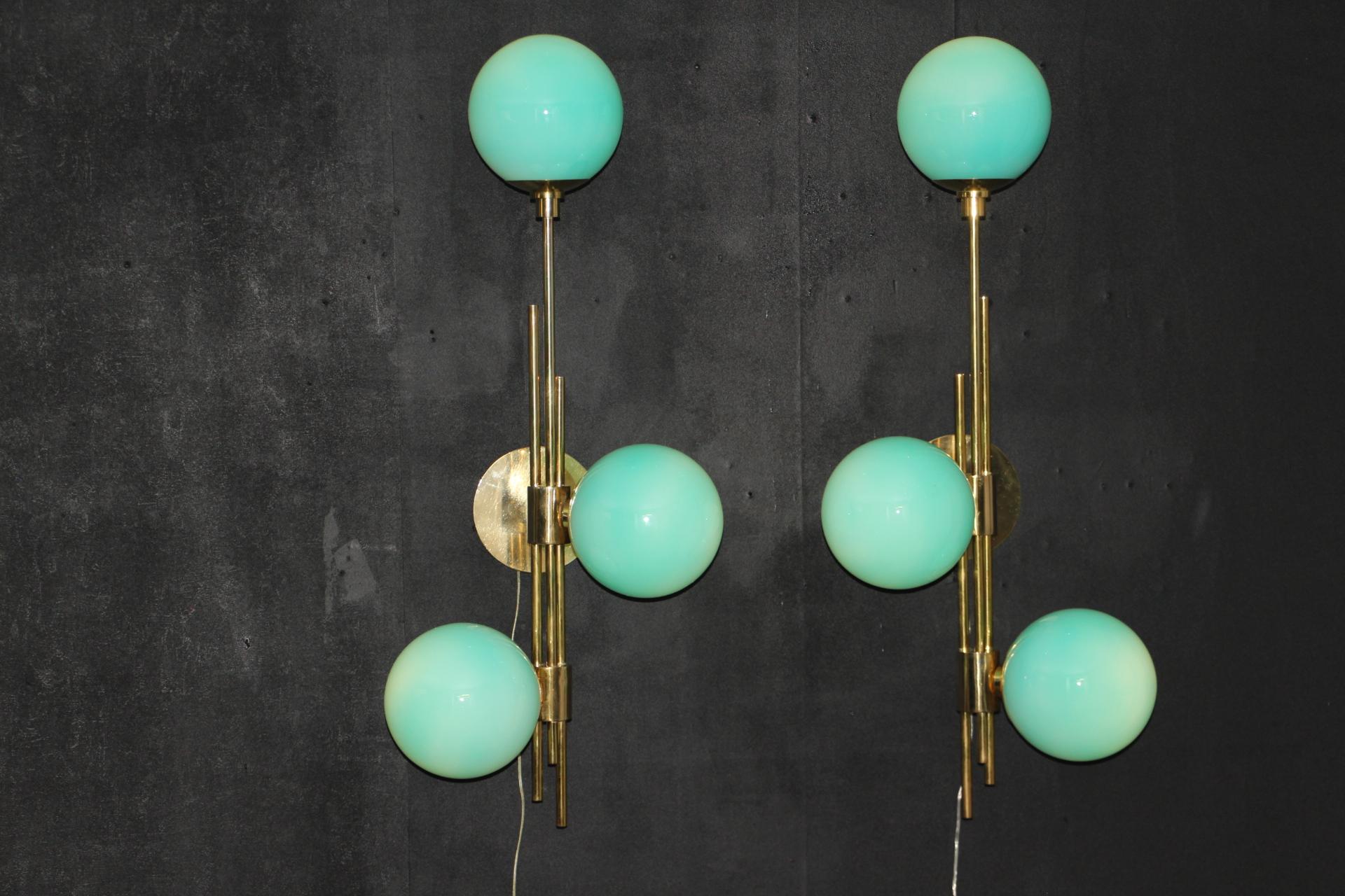 Modern Mid-Century Brass and Turquoise Tiffany Blue Glass Sconces, Wall Lights For Sale 6