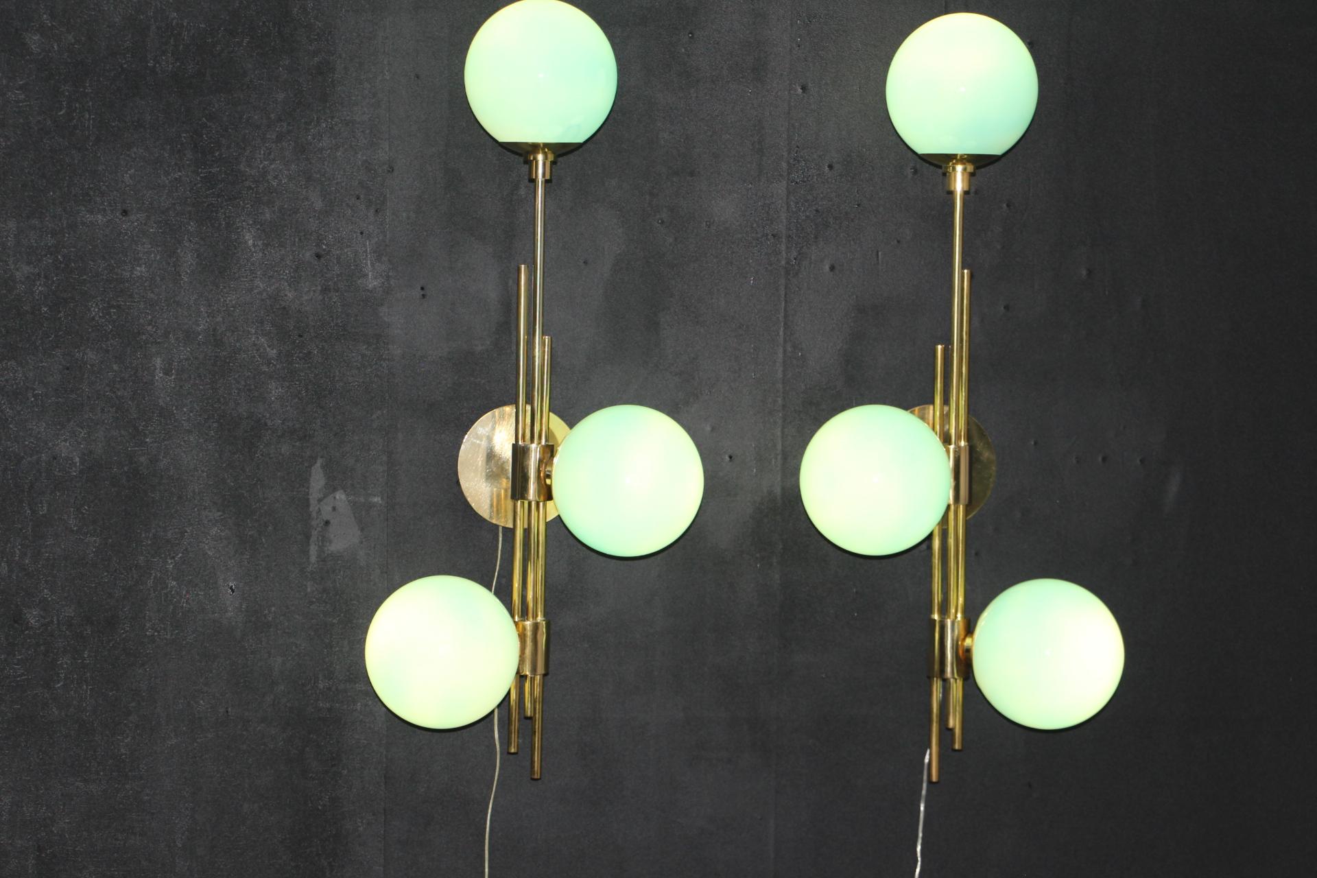Modern Mid-Century Brass and Turquoise Tiffany Blue Glass Sconces, Wall Lights For Sale 7