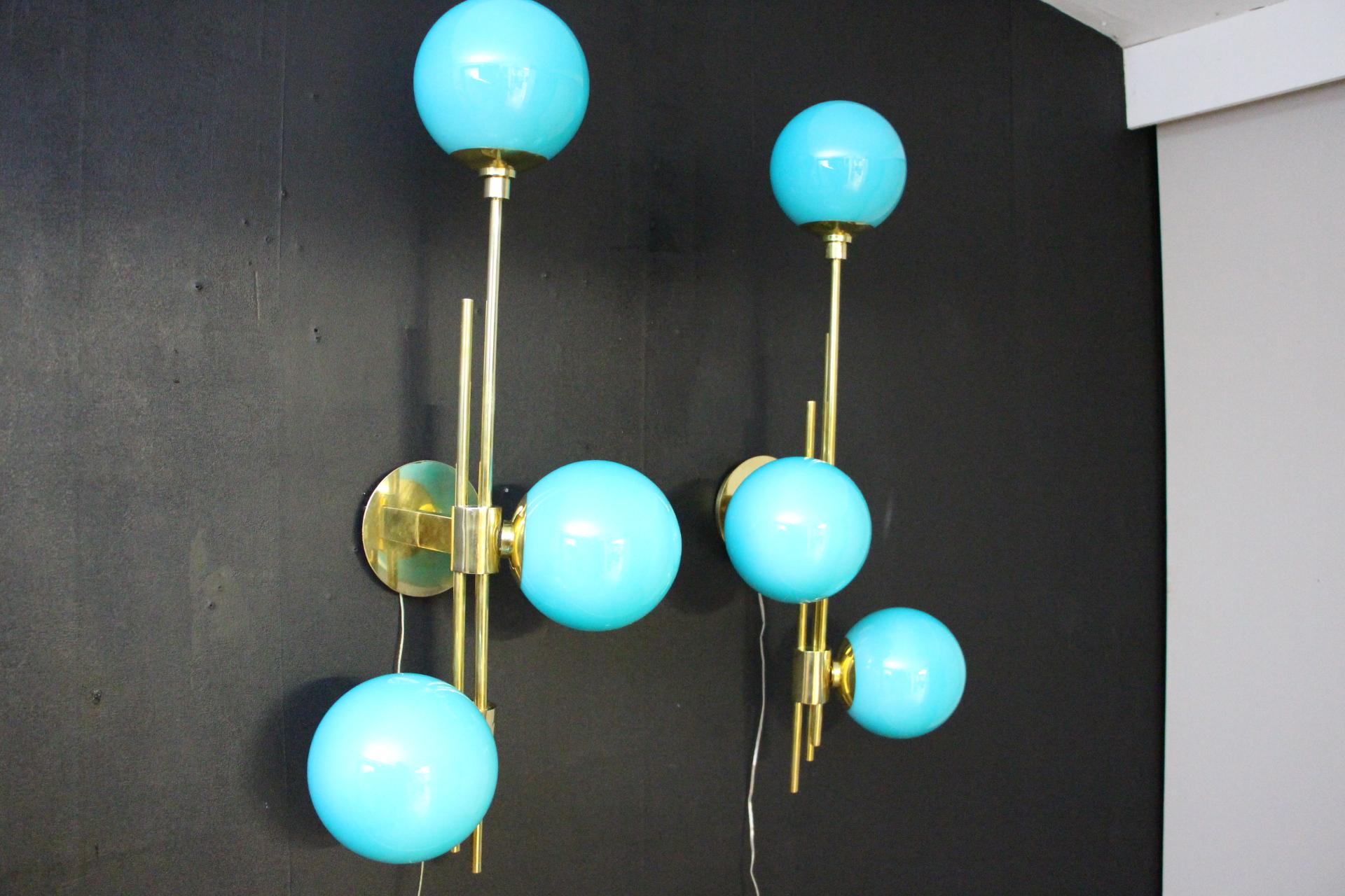 Modern Mid-Century Brass and Turquoise Tiffany Blue Glass Sconces, Wall Lights For Sale 10