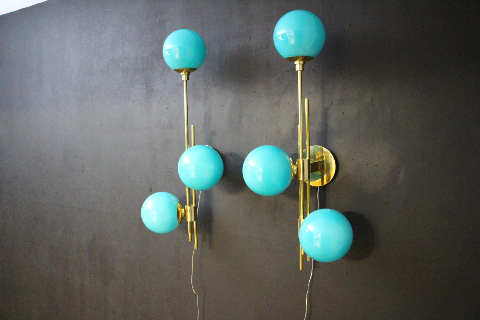 Modern Mid-Century Brass and Turquoise Tiffany Blue Glass Sconces, Wall Lights For Sale 11