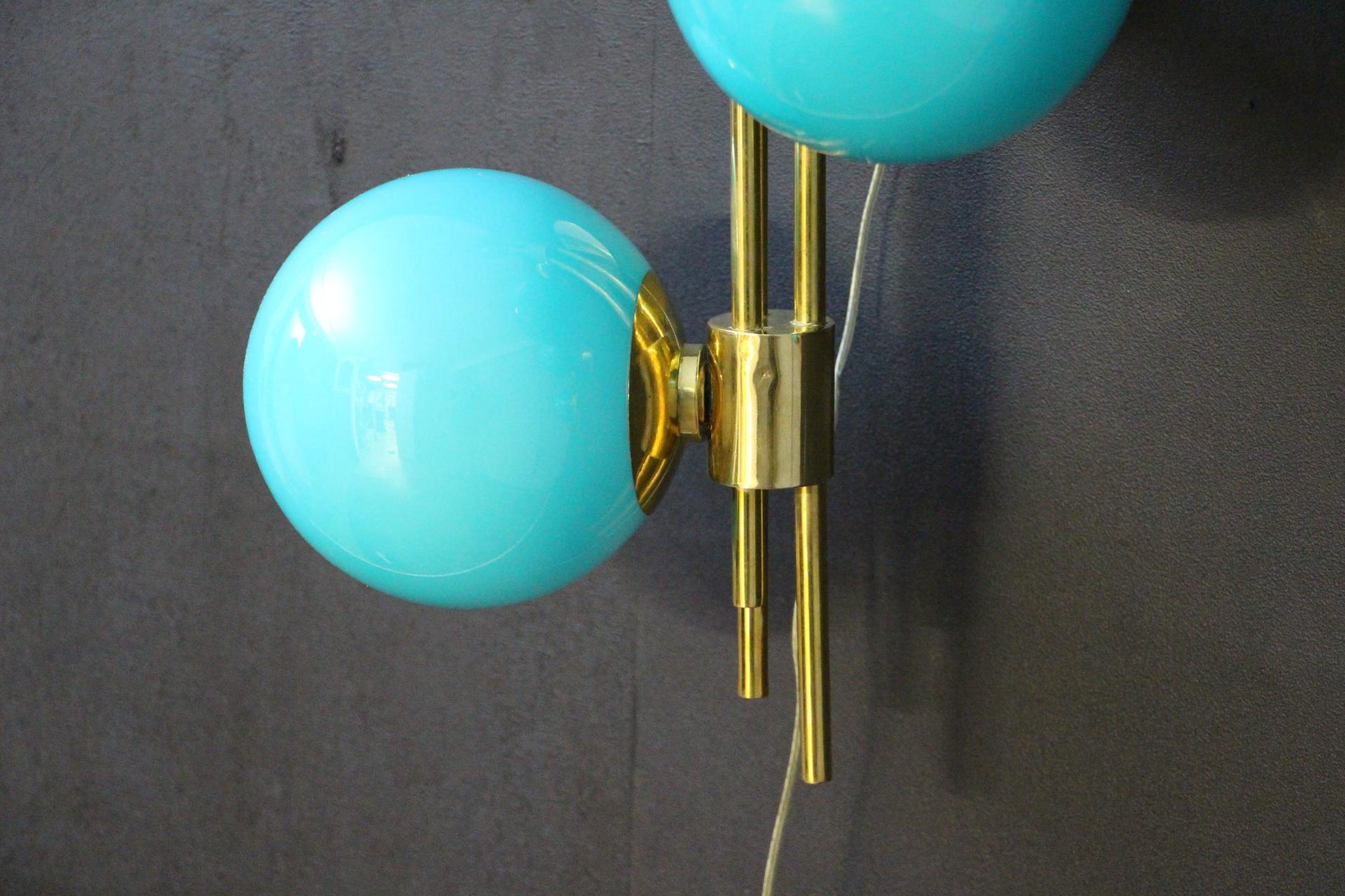 Modern Mid-Century Brass and Turquoise Tiffany Blue Glass Sconces, Wall Lights For Sale 12