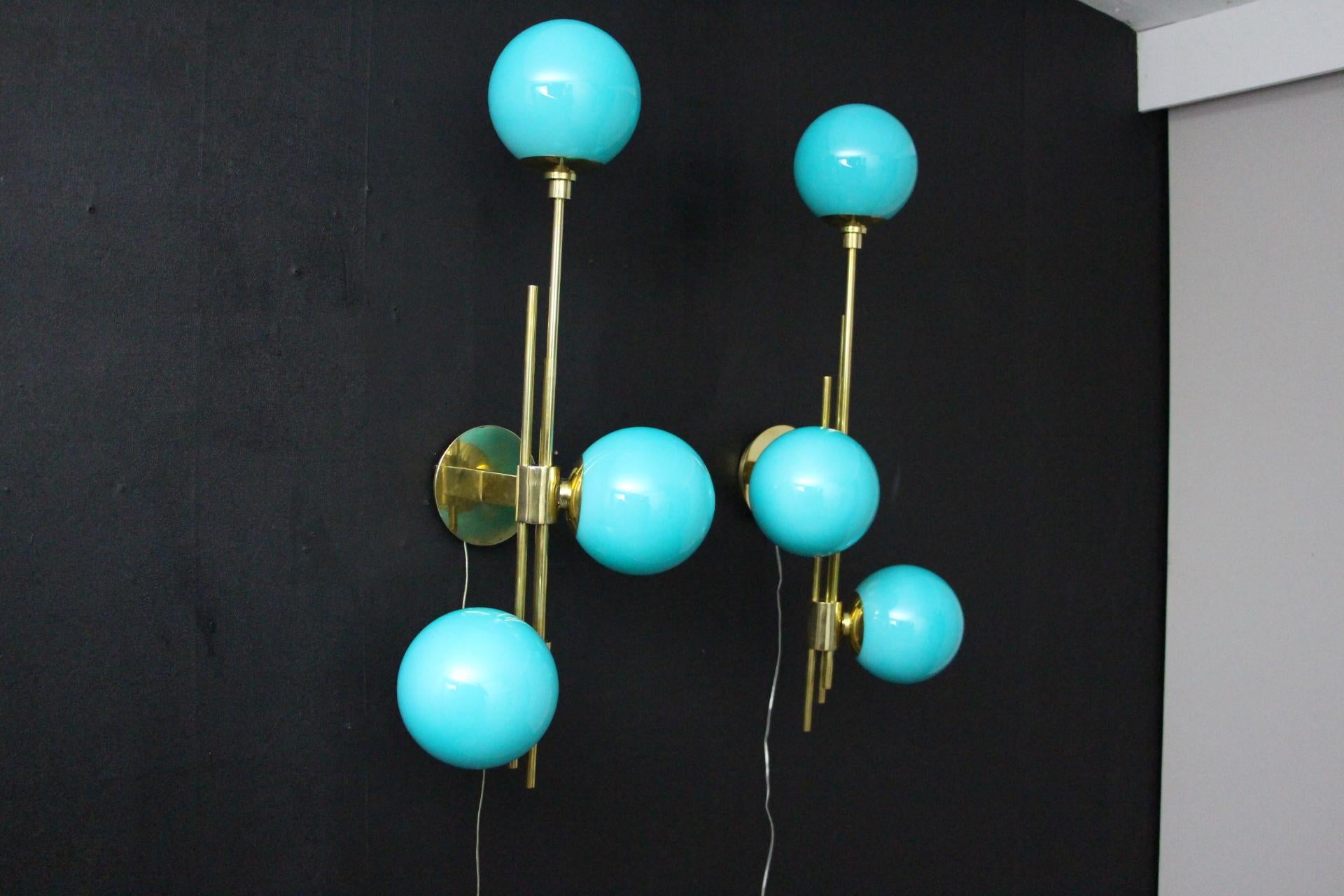 Mid-Century Modern Modern Mid-Century Brass and Turquoise Tiffany Blue Glass Sconces, Wall Lights For Sale