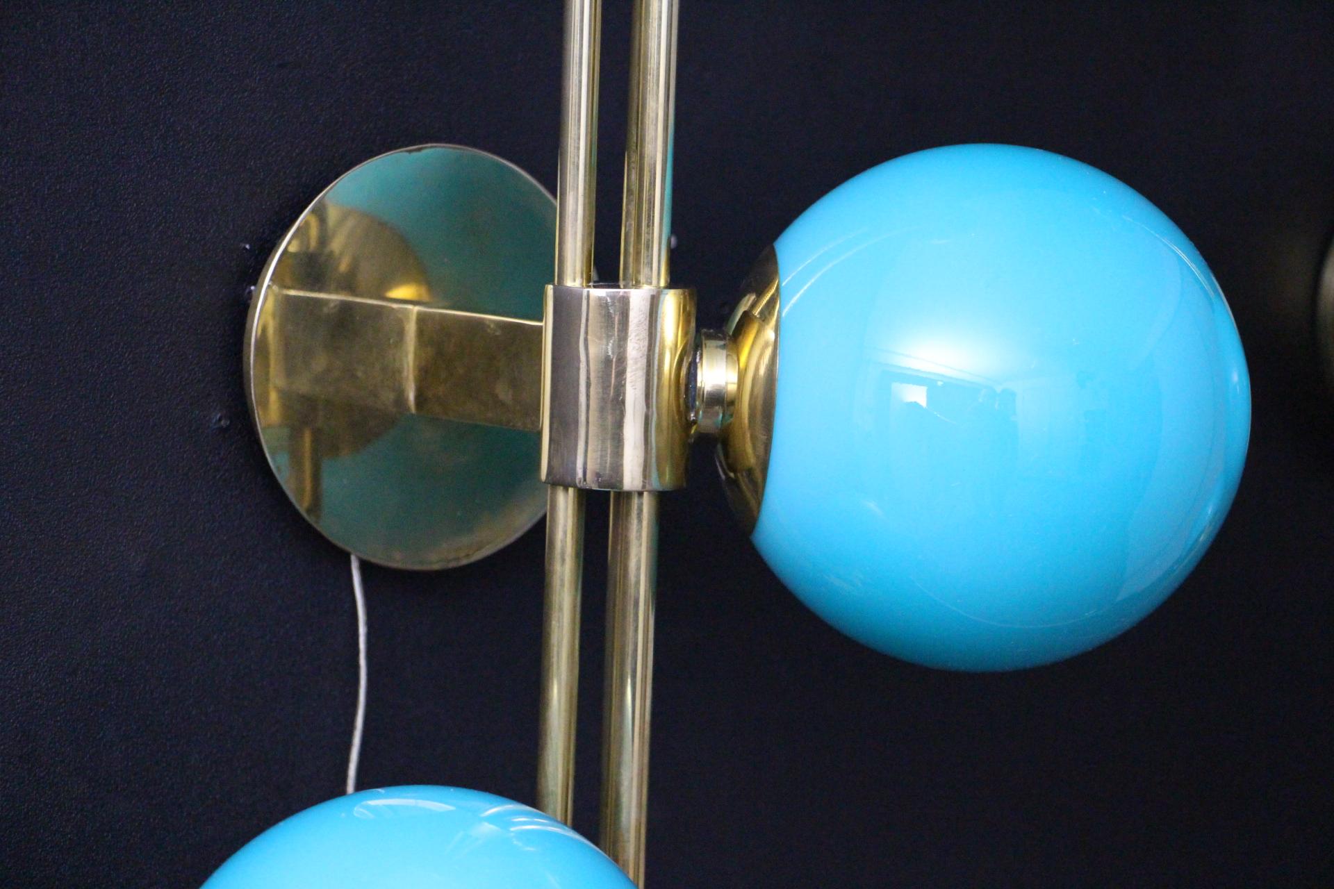 Italian Modern Mid-Century Brass and Turquoise Tiffany Blue Glass Sconces, Wall Lights For Sale