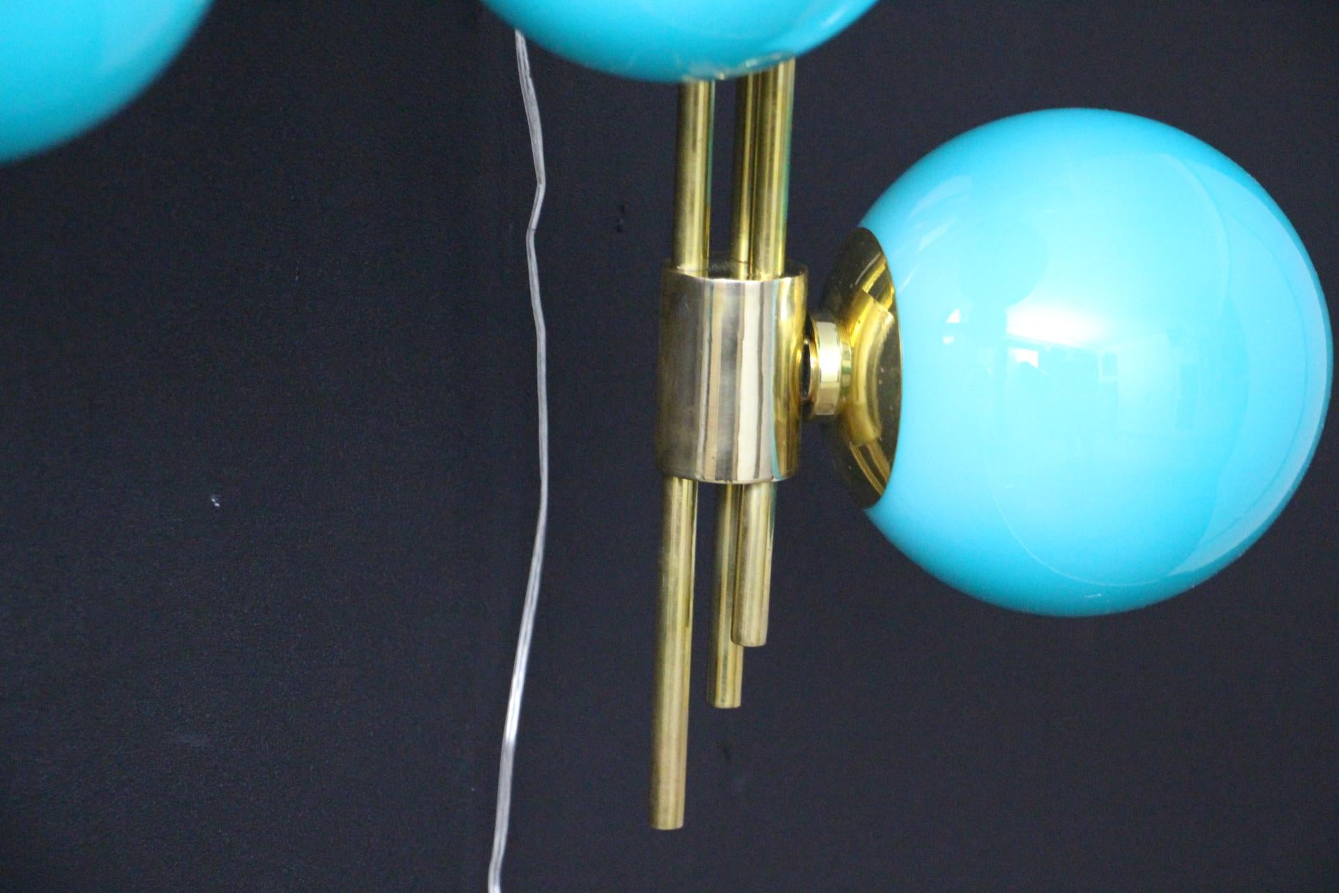 Contemporary Modern Mid-Century Brass and Turquoise Tiffany Blue Glass Sconces, Wall Lights For Sale