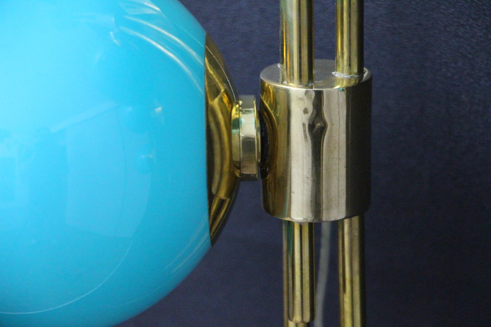 Modern Mid-Century Brass and Turquoise Tiffany Blue Glass Sconces, Wall Lights For Sale 1