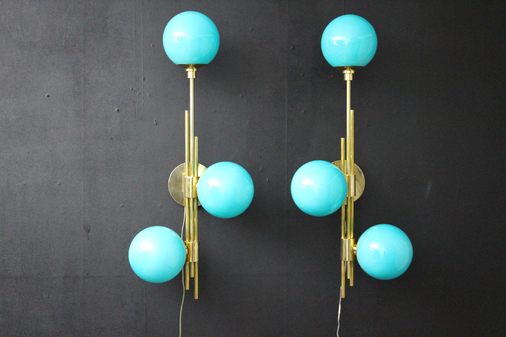 Modern Mid-Century Brass and Turquoise Tiffany Blue Glass Sconces, Wall Lights For Sale 3