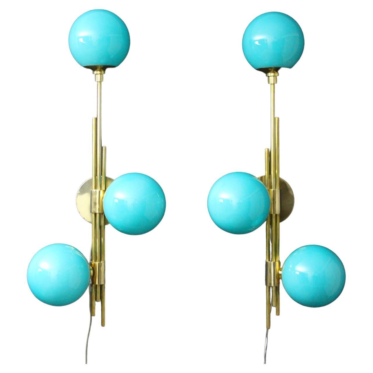 Modern Mid-Century Brass and Turquoise Tiffany Blue Glass Sconces, Wall Lights For Sale