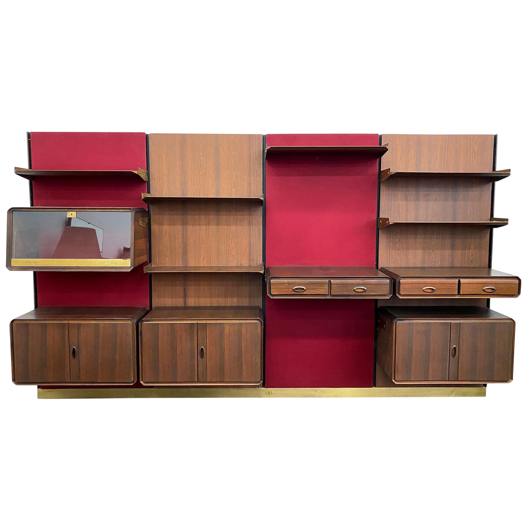 Italian Modern Midcentury Modular Wall Unit in Rosewood, Wool and Brass For Sale