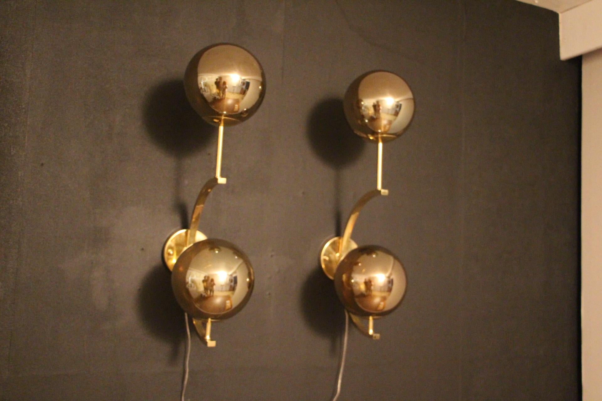 Mid-Century Modern Modern Midcentury Pair of Brass and Gold Mercurised Glass Sconces Wall Lights For Sale