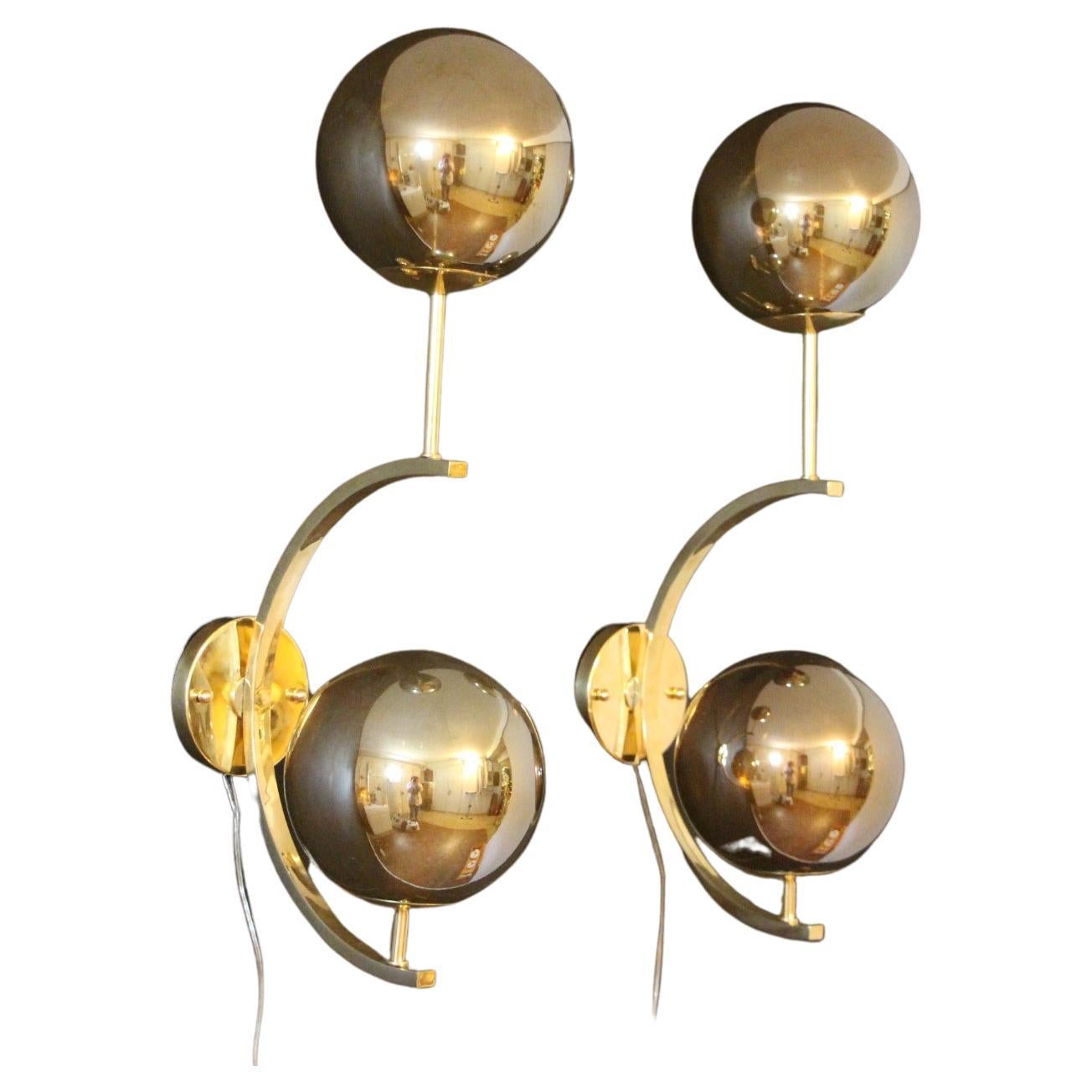 Modern Midcentury Pair of Brass and Gold Mercurised Glass Sconces Wall Lights For Sale