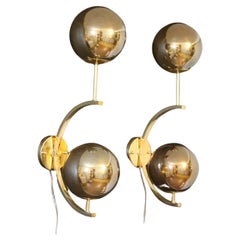 Italian Modern Midcentury Pair of Brass and Gold Mercurised Glass Sconces