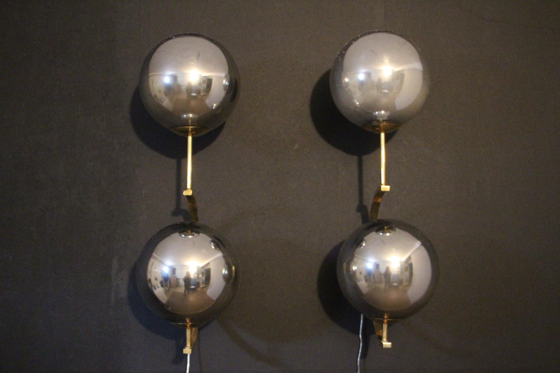 Mid-Century Modern Italian Modern Midcentury Pair of Brass and Mercurised Sliver Glass Sconces