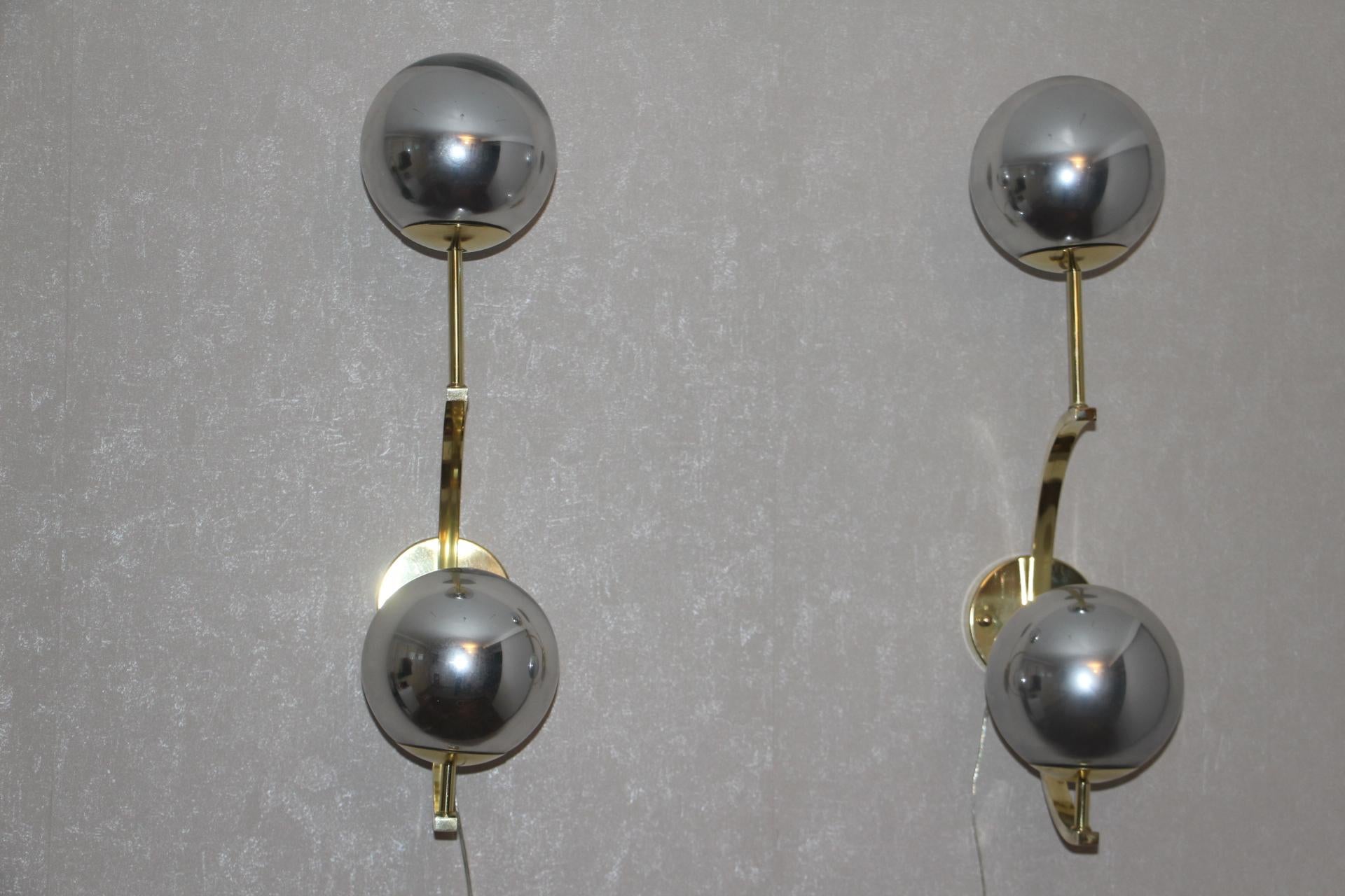 Italian Modern Midcentury Pair of Brass and Mercurised Sliver Glass Sconces In Excellent Condition In Saint-Ouen, FR