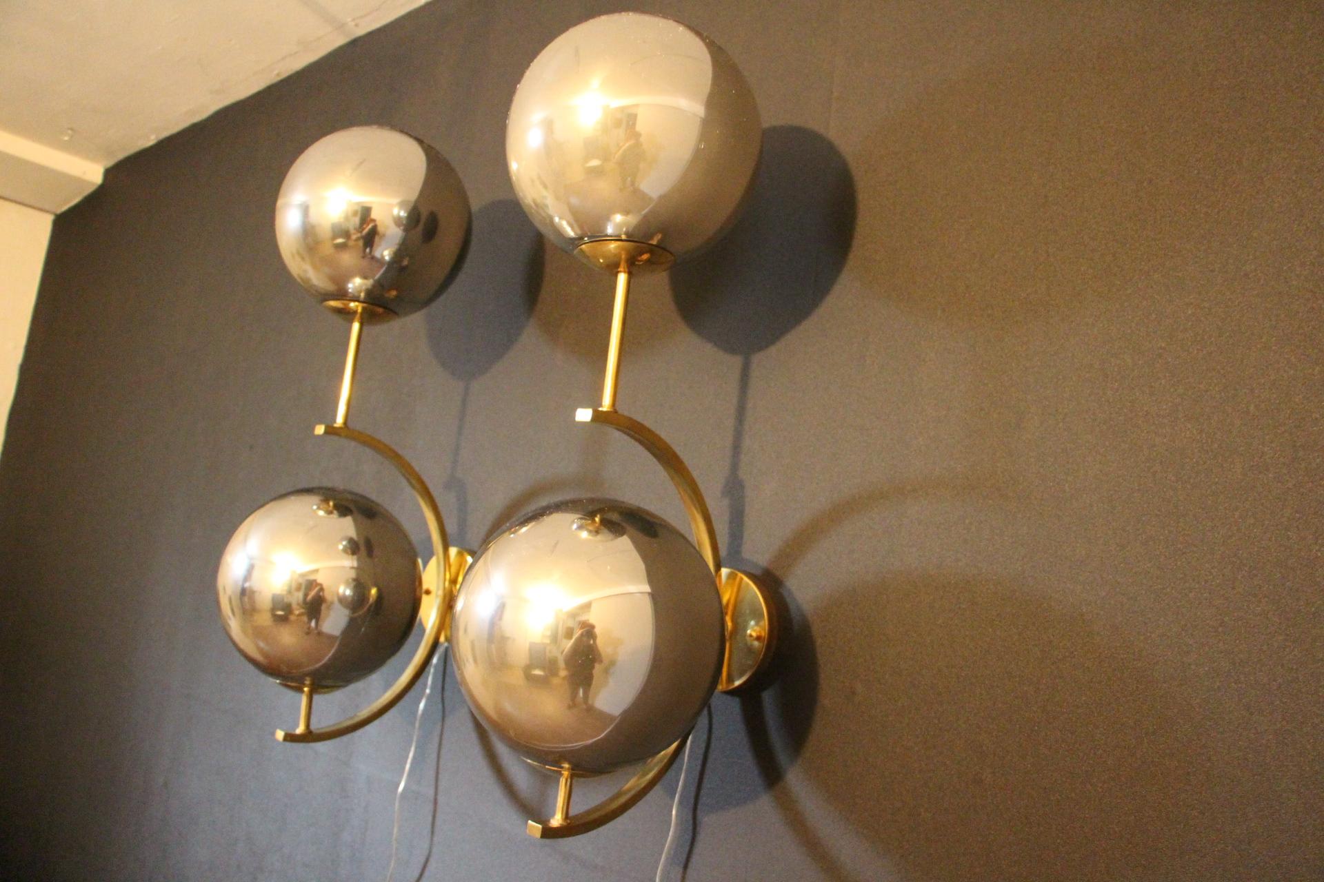 Italian Modern Midcentury Pair of Brass and Mercurised Sliver Glass Sconces In Excellent Condition In Saint-Ouen, FR