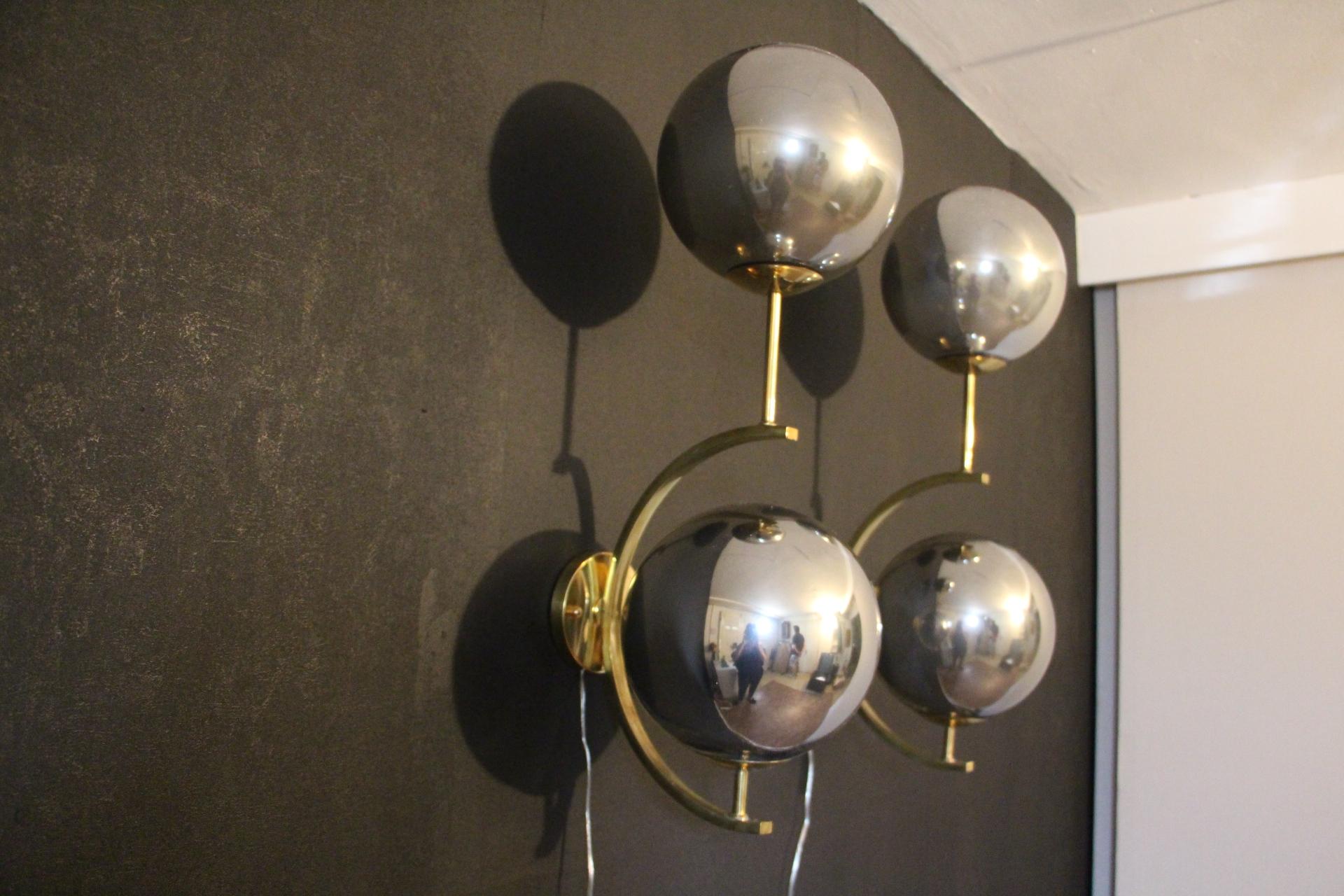 20th Century Italian Modern Midcentury Pair of Brass and Mercurised Sliver Glass Sconces