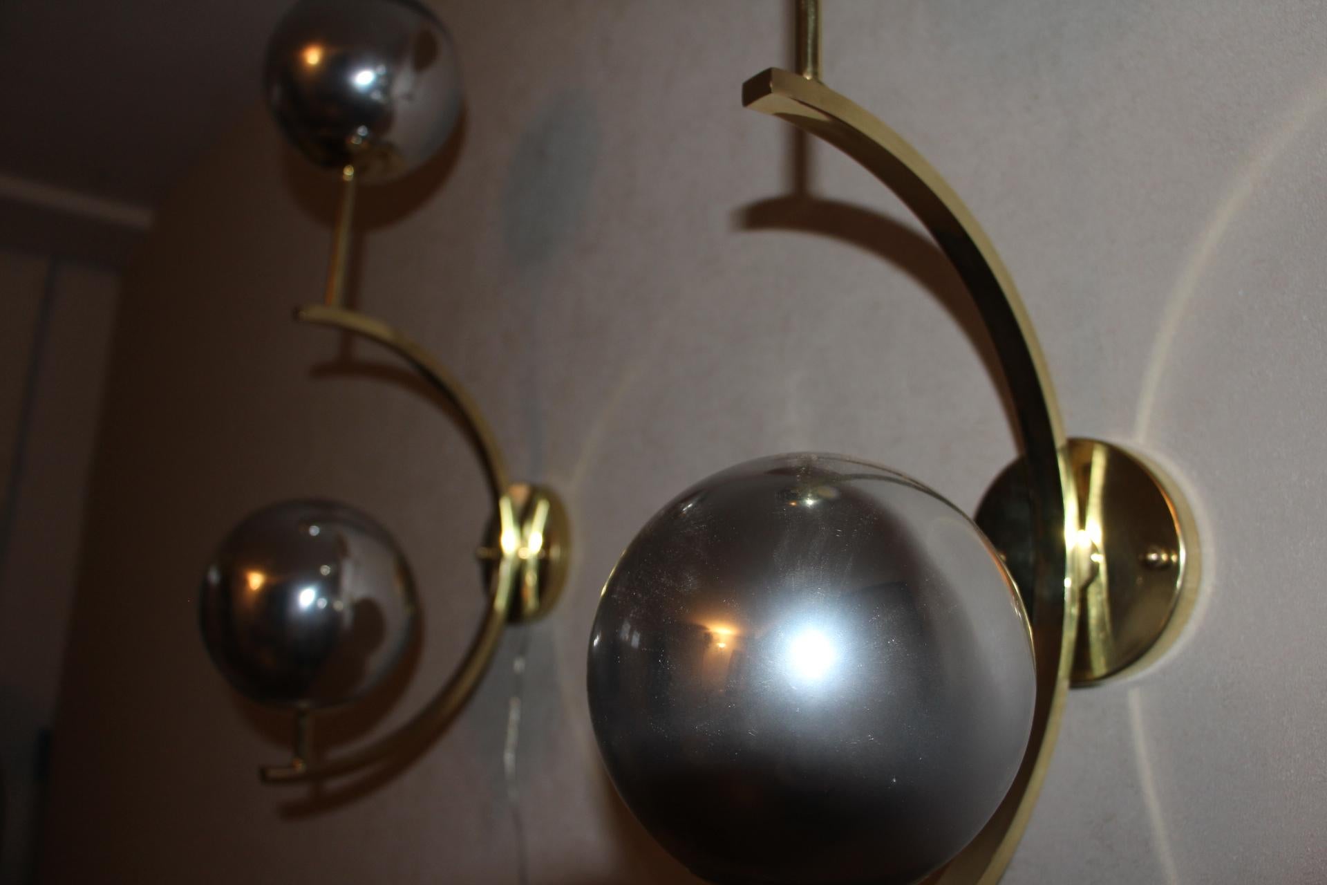 Italian Modern Midcentury Pair of Brass and Mercurised Sliver Glass Sconces 3
