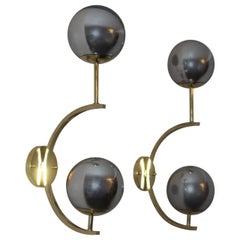 Italian Modern Midcentury Pair of Brass and Mercurised Sliver Glass Sconces