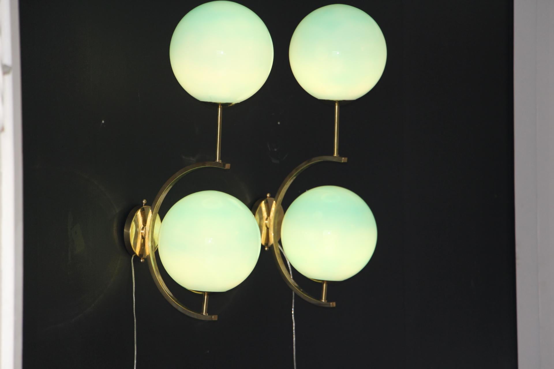 Modern Midcentury Pair of Brass and Turquoise Blue Glass Sconces, Wall Lights For Sale 6
