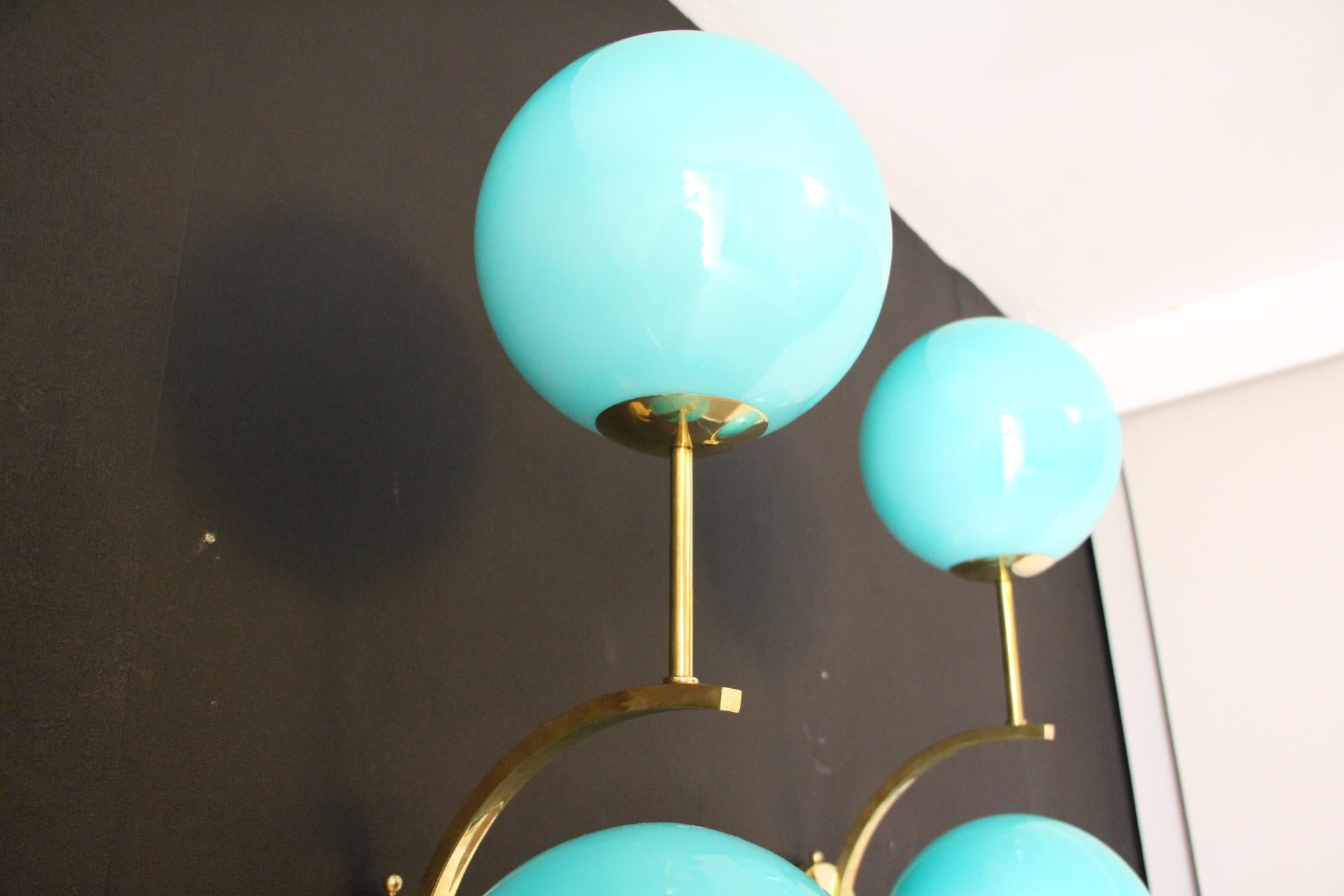 Italian Modern Midcentury Pair of Brass and Turquoise Blue Glass Sconces, Wall Lights For Sale
