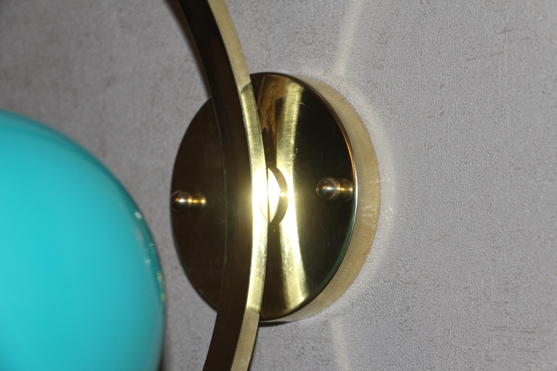 Italian Modern Midcentury Pair of Brass and Turquoise Blue Glass Sconces, Wall Lights For Sale