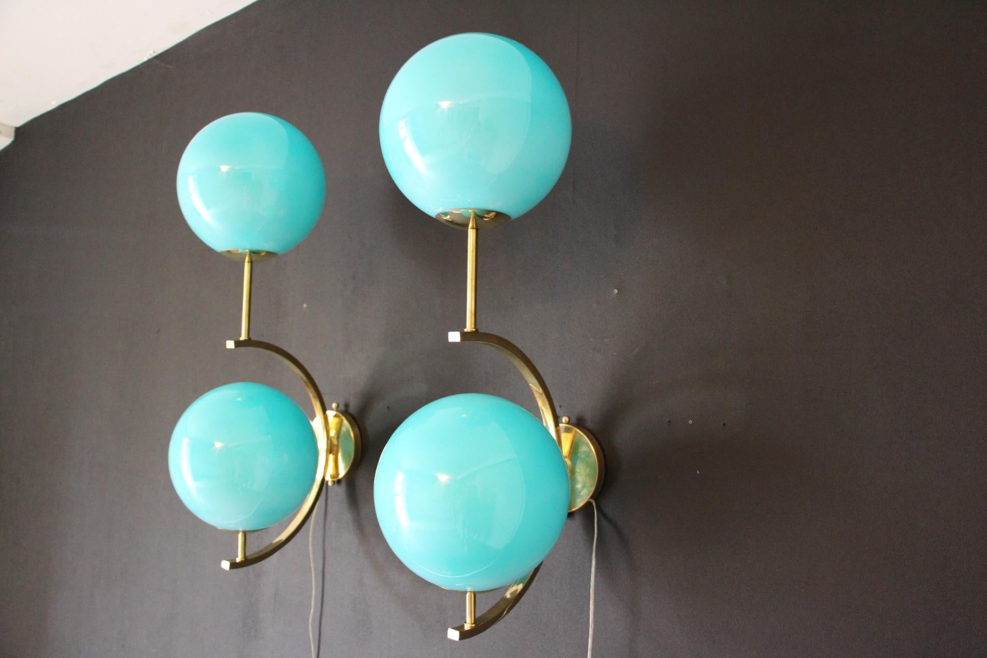 20th Century Modern Midcentury Pair of Brass and Turquoise Blue Glass Sconces, Wall Lights For Sale