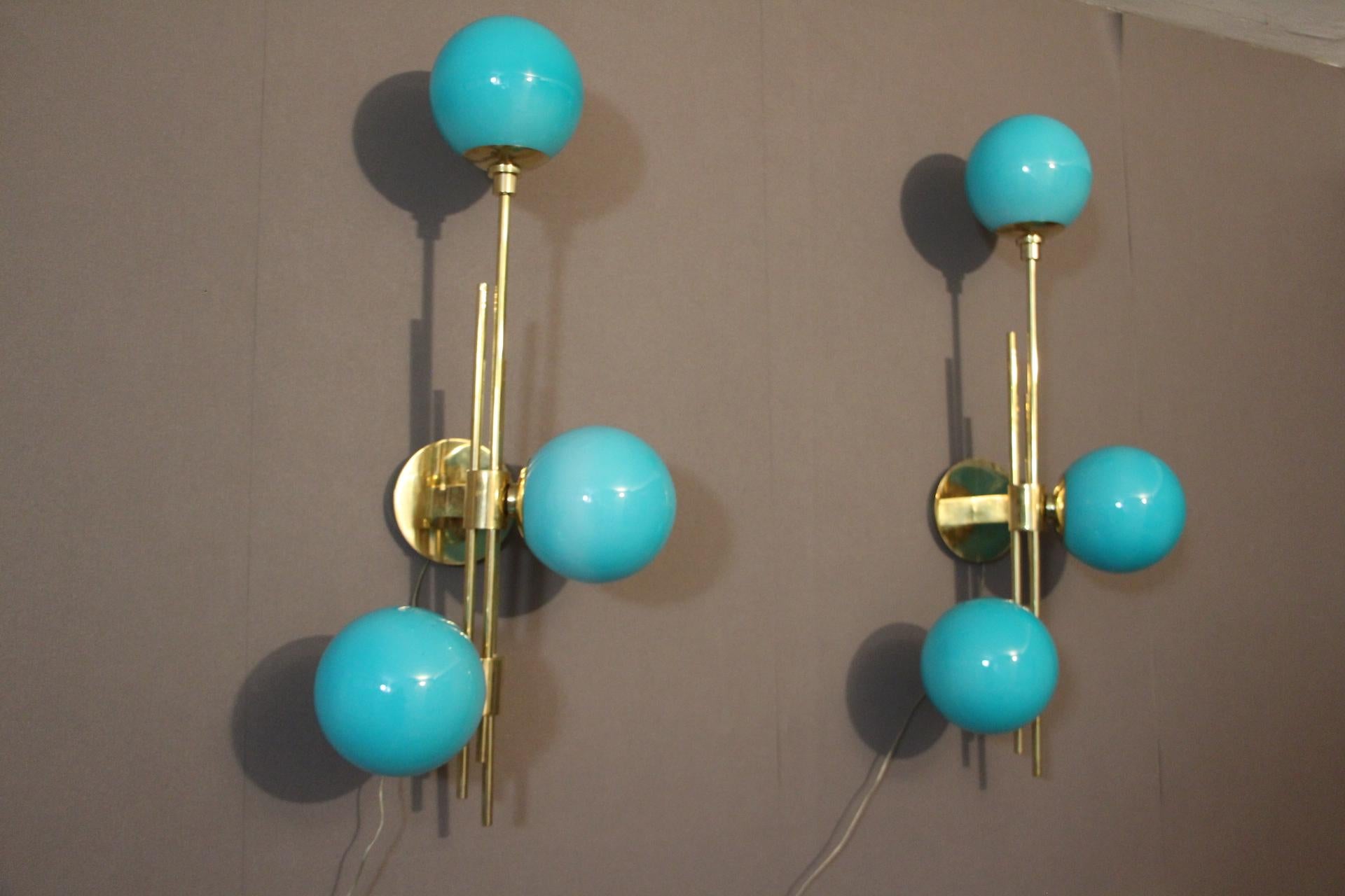 Italian Modern Midcentury Pair of Brass and Turquoise Blue Glass Sconces 1