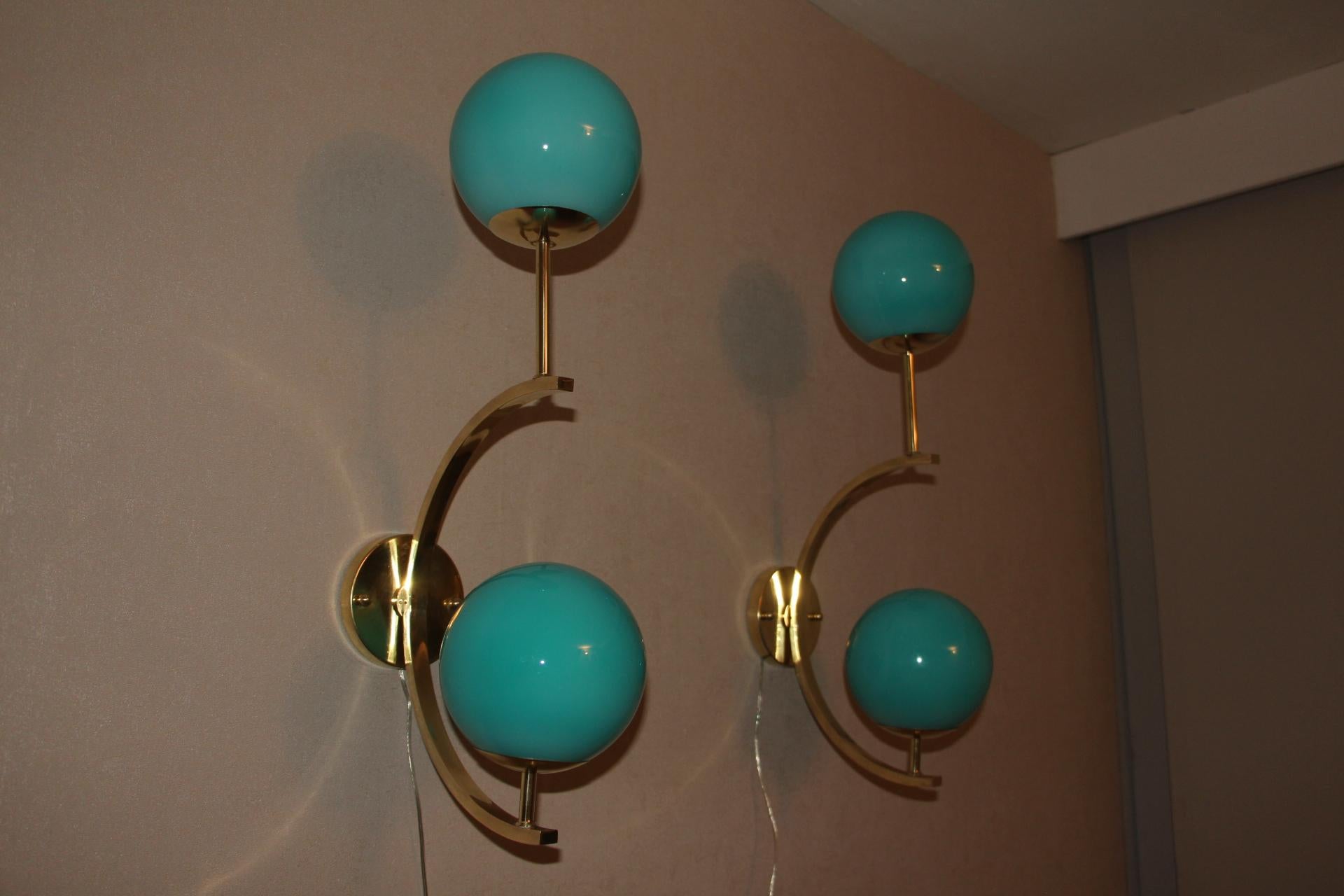 Modern Midcentury Pair of Brass and Turquoise Blue Glass Sconces, Wall Lights For Sale 1