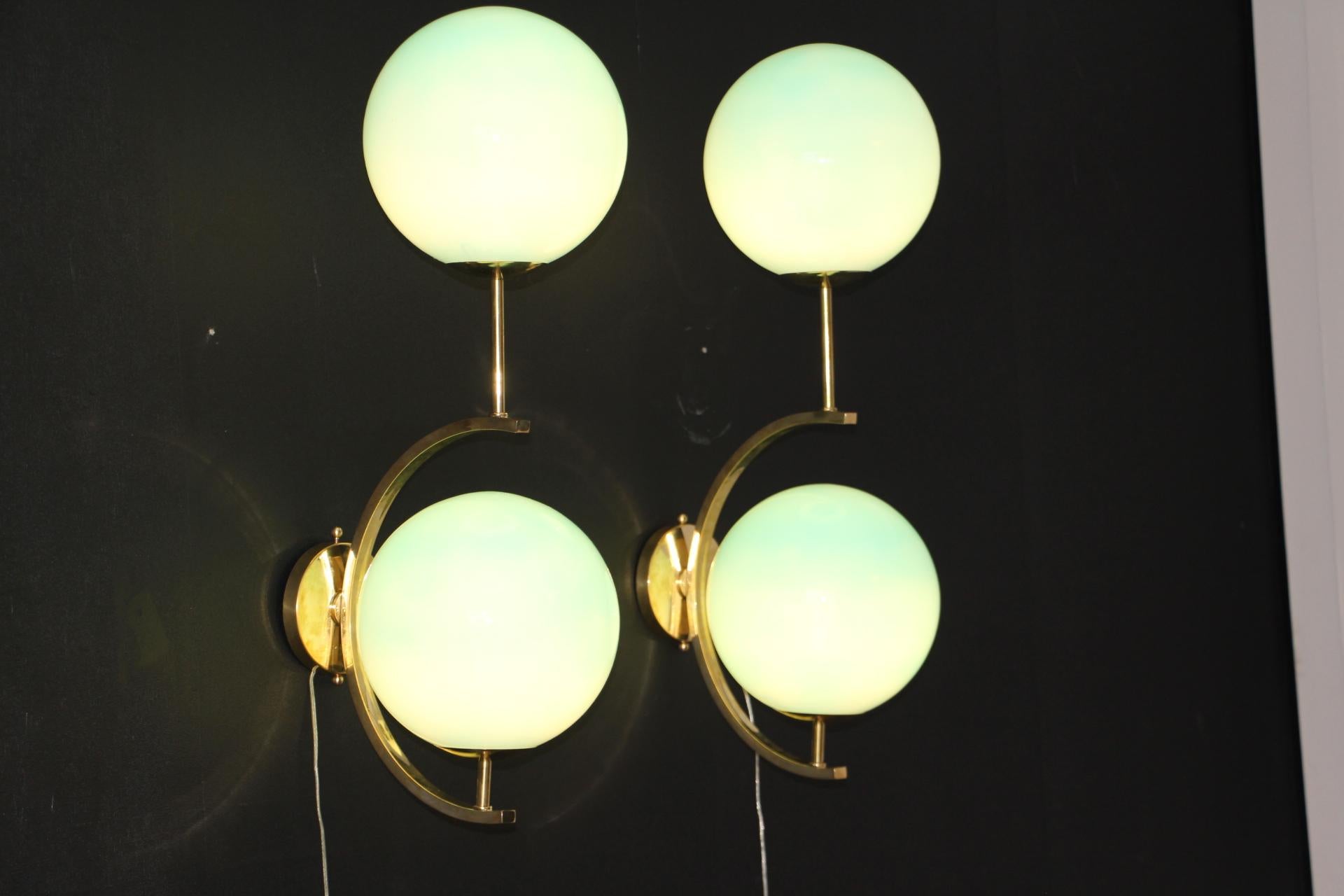 Modern Midcentury Pair of Brass and Turquoise Blue Glass Sconces, Wall Lights For Sale 2