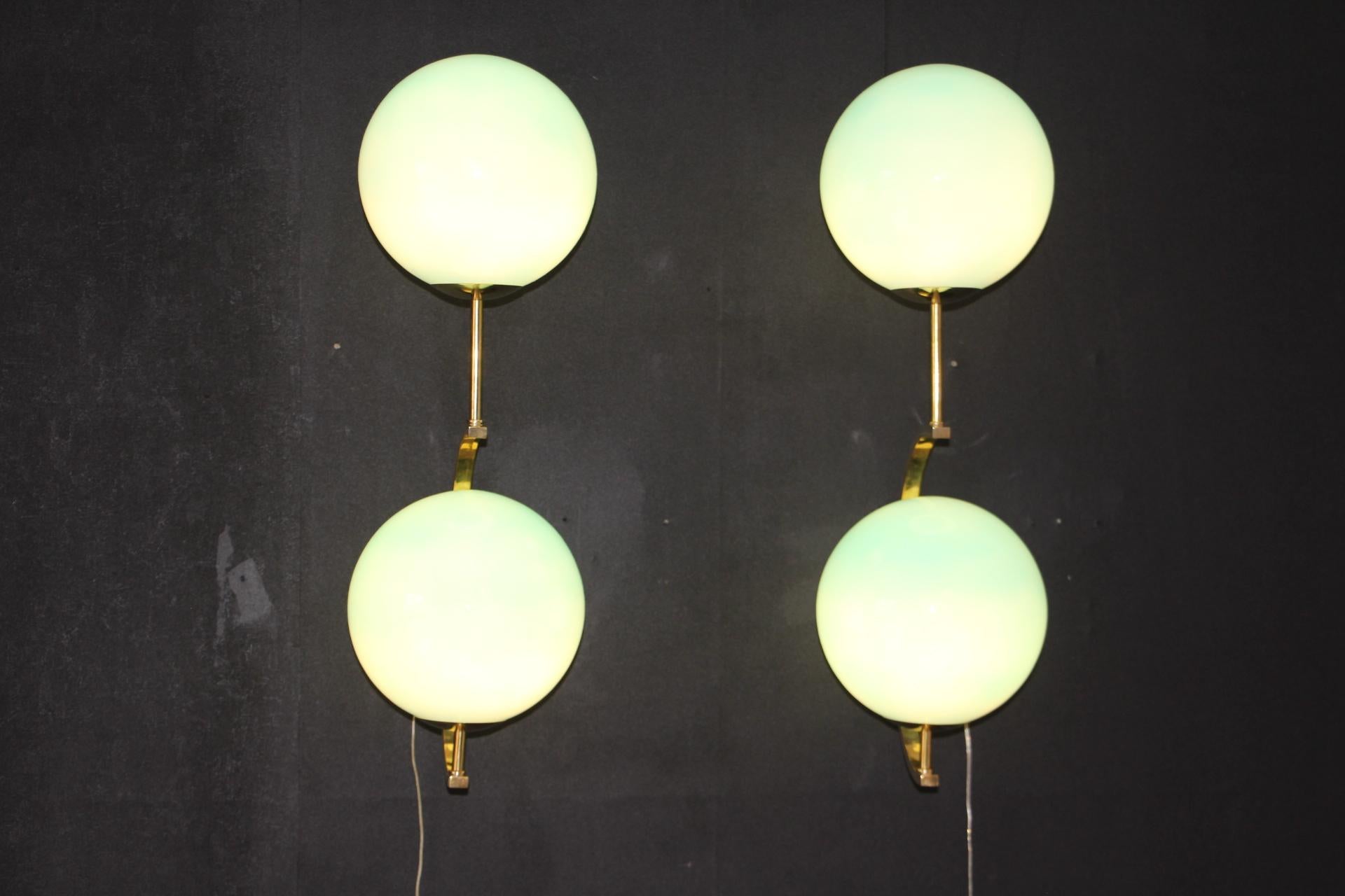 Modern Midcentury Pair of Brass and Turquoise Blue Glass Sconces, Wall Lights For Sale 3