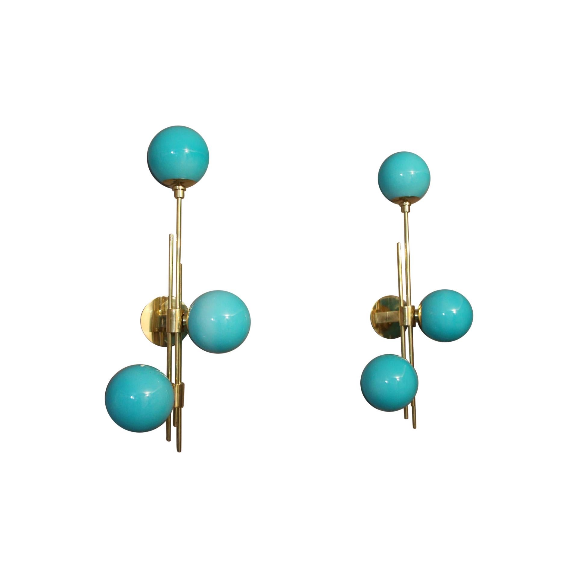 Italian Modern Midcentury Pair of Brass and Turquoise Blue Glass Sconces